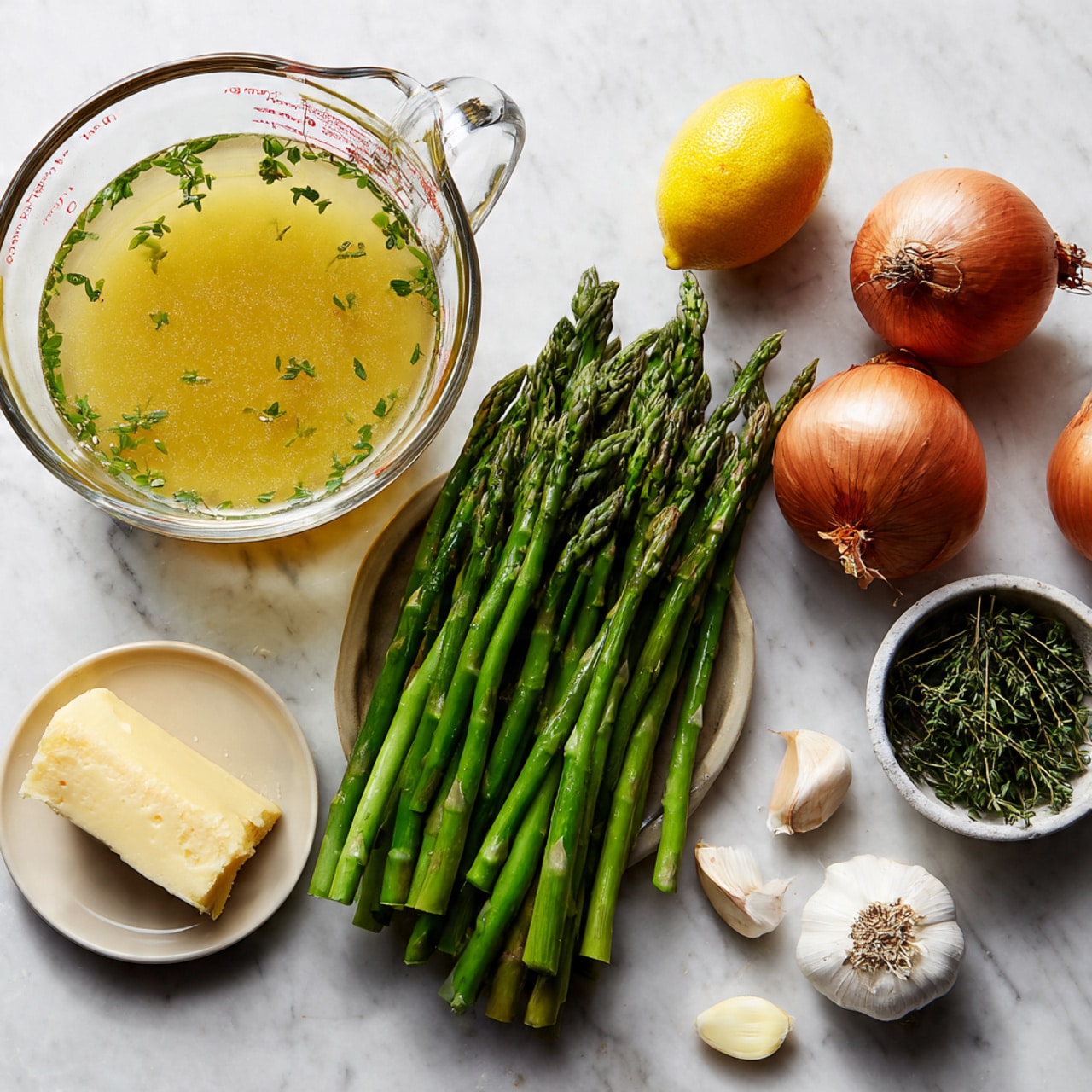 The image shows fresh green asparagus standing upright in a clear glass bowl on the left side, next to a clear plastic measuring jug filled with a light yellow broth with green herbs floating inside. On the right side, on a white marbled surface, there are two round brown onions near a small white bowl with yellow butter and a wedge of pale beige cheese on a white plate in front. Behind the onions is a small white bowl with green sprigs of thyme, and to the right of them is a bright yellow lemon and three small garlic cloves scattered nearby. Photo taken with an iphone --ar 4:5 --v 7