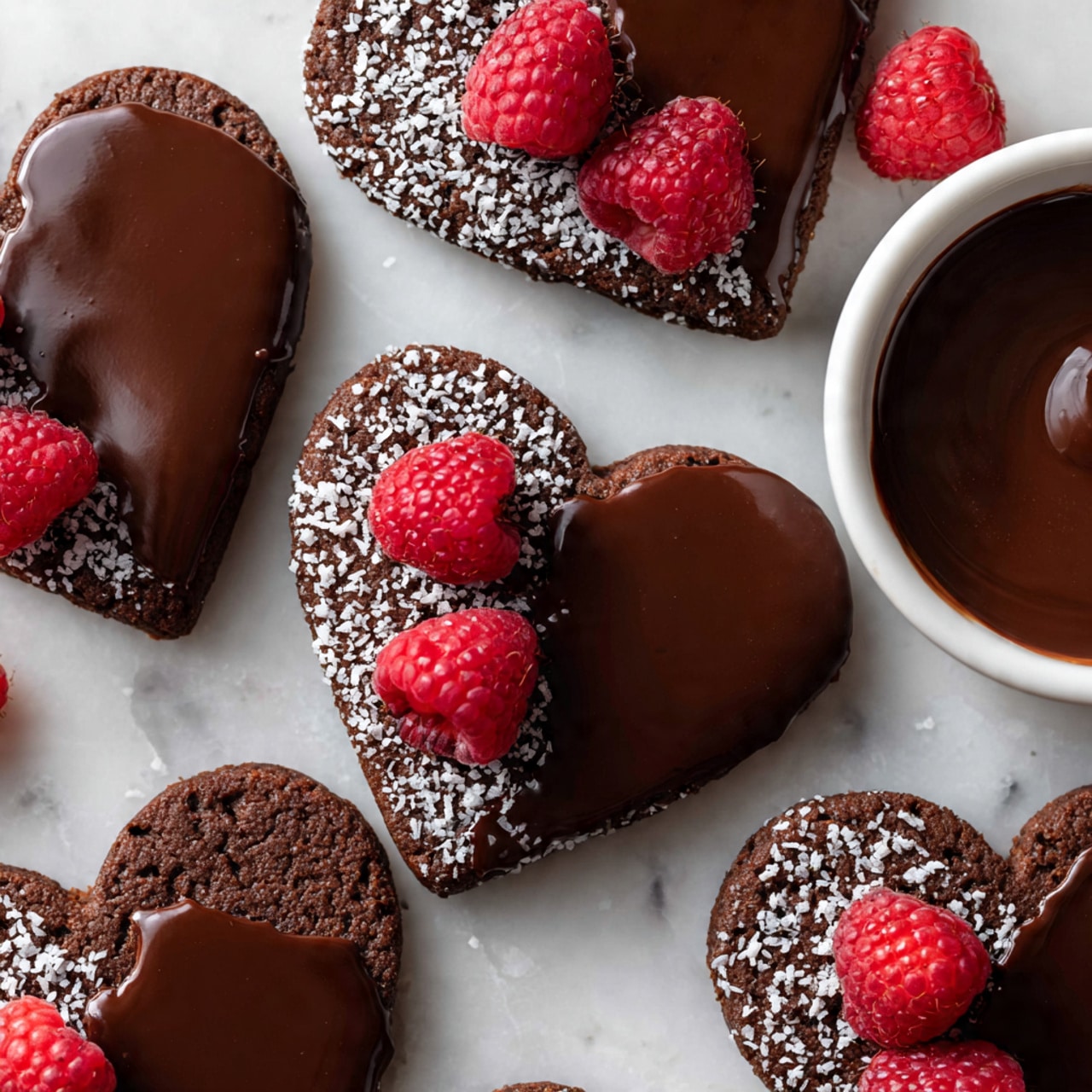 The image shows heart-shaped chocolate cookies with a smooth, shiny chocolate layer on top. Some cookies are plain chocolate with a rough texture, while others are covered in glossy chocolate coated with crushed white flakes. Fresh red raspberries are placed on top of several cookies, adding bright color and contrast. The cookies are arranged closely on a white marbled surface, with a white bowl of smooth chocolate sauce in the corner. A woman's hand is also slightly visible near the bowl. The overall look is rich and tempting with deep brown and bright red tones. photo taken with an iphone --ar 4:5 --v 7
