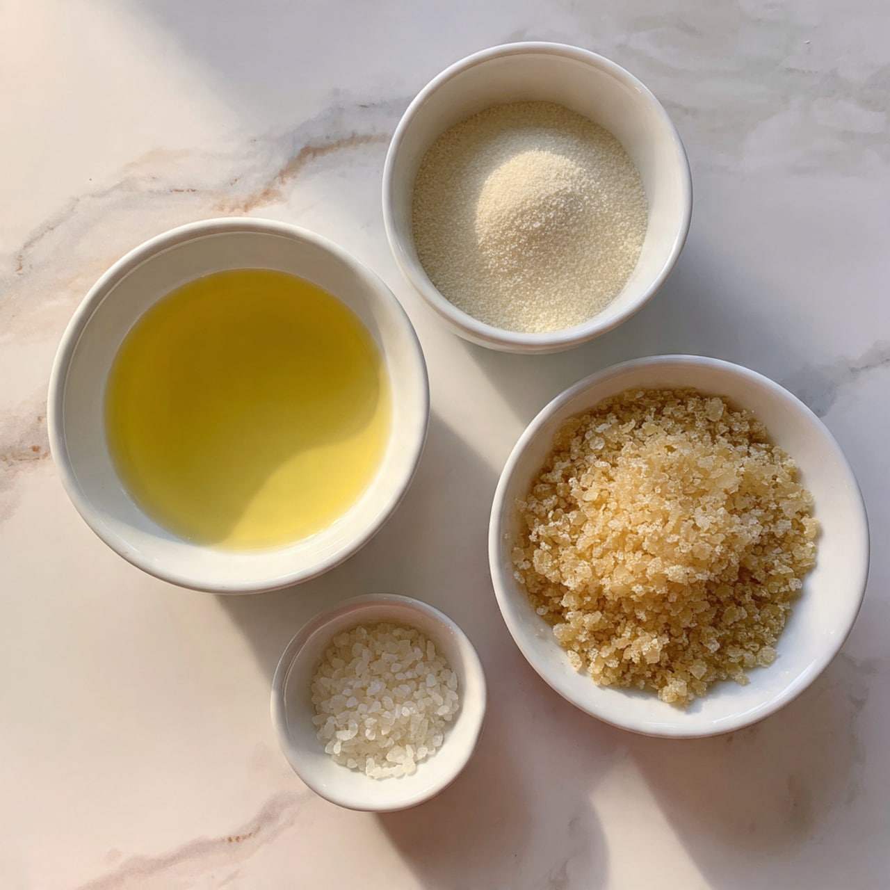 The image shows three white bowls on a white marbled surface. One bowl contains a light yellow liquid, which looks smooth and glossy. The second bowl is filled with a white powder, fine in texture. The third bowl has a beige grainy substance with a slightly rough texture. Next to these is a small white bowl holding coarse white granules. photo taken with an iphone --ar 4:5 --v 7
