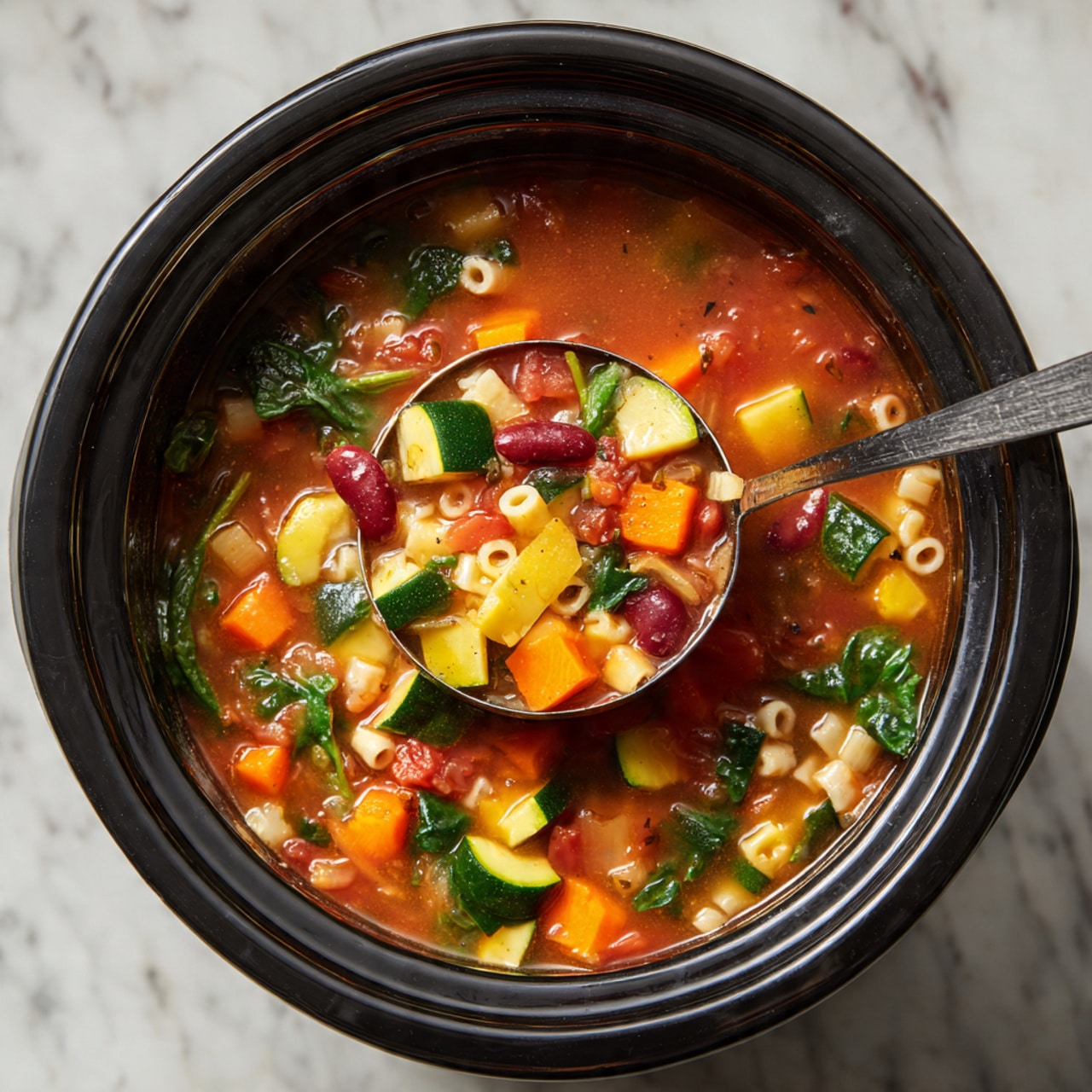 The image shows a slow cooker filled with chunky vegetable soup. The soup has a clear reddish broth with visible layers of diced yellow zucchini pieces, orange carrot slices, red kidney beans, small pasta shapes, green leafy spinach, and chopped tomatoes. A metal ladle lifts a portion of the soup, displaying all the colorful ingredients combined with the broth. The slow cooker is placed on a white marbled surface. Photo taken with an iphone --ar 4:5 --v 7