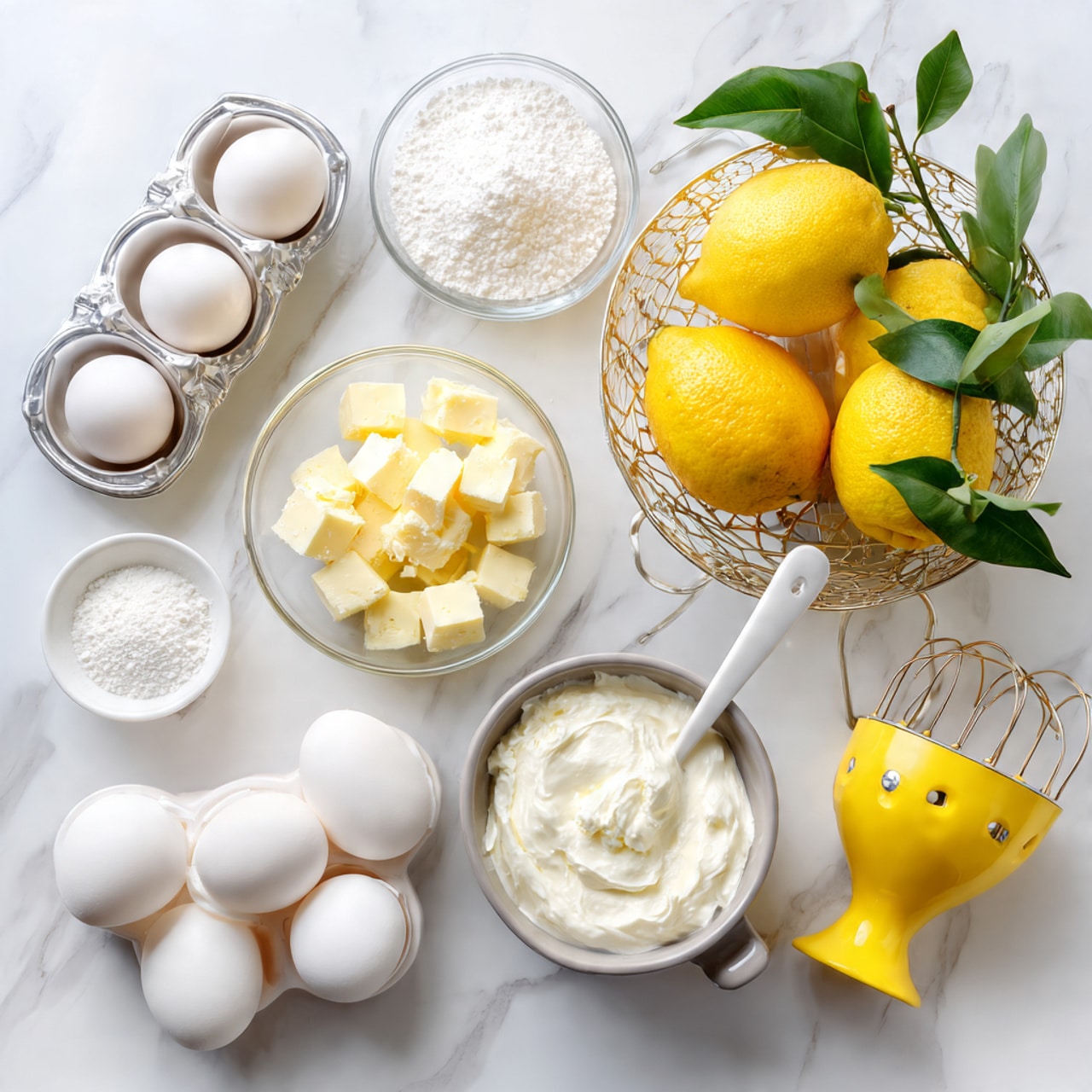 A top view of baking ingredients placed on a white marbled surface, including six white eggs in a silver tray at the bottom left, a small white dish with a white powder near the middle left, a clear bowl with yellow cube-shaped butter pieces in the bottom middle, a gray cup with white creamy mixture and a white spoon inside at the center right, and a white bowl filled with granulated white sugar and a white spoon near the top left. A wire basket with large yellow lemons and green leaves sits at the top right, and a bright yellow lemon squeezer is on the bottom right edge. Photo taken with an iphone --ar 4:5 --v 7