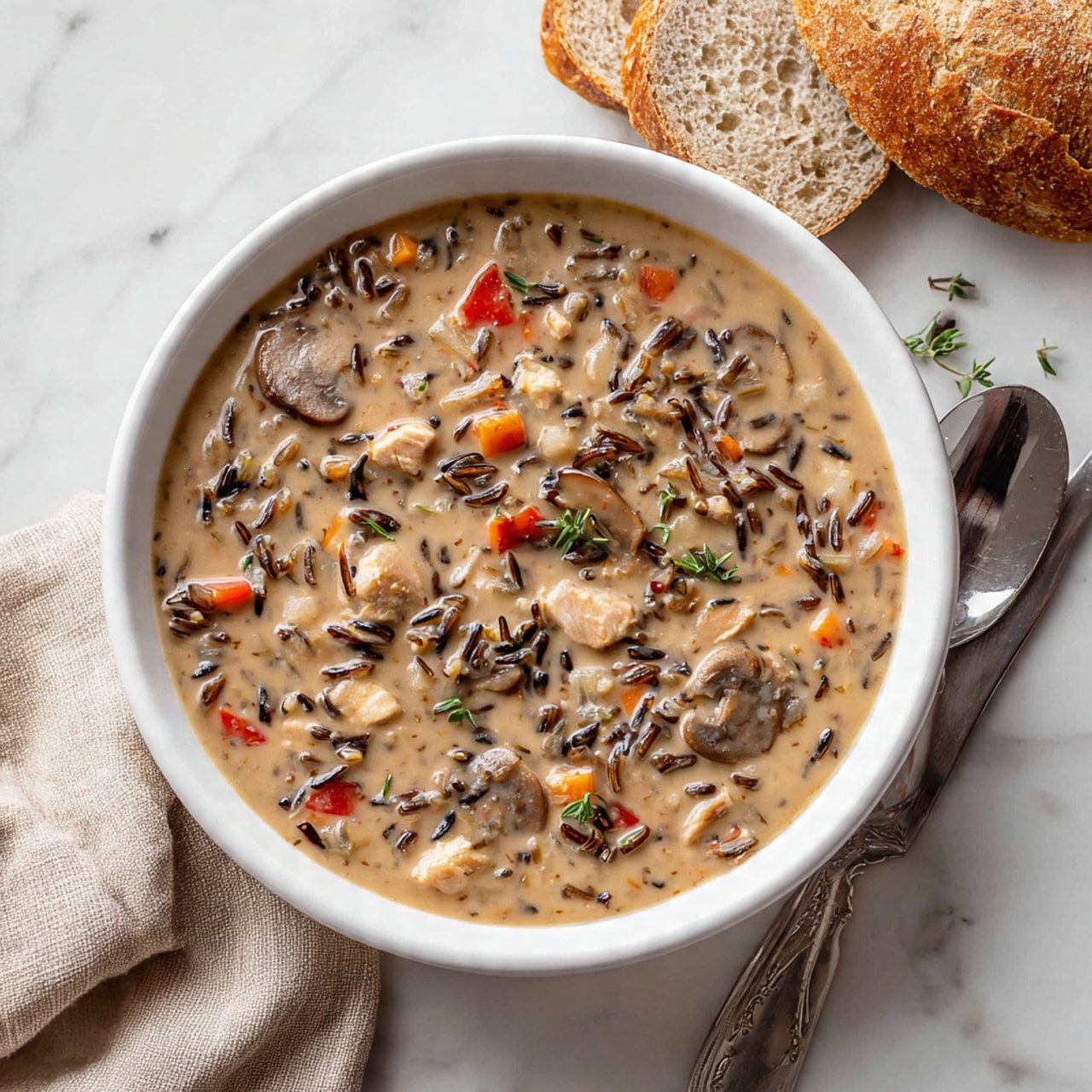 A bowl of creamy chicken and rice soup filled with small pieces of chicken, wild rice, sliced mushrooms, diced carrots, and red bell peppers. The soup is thick and light brown, served in a white bowl on a white marbled surface. On the left side, there are three pieces of sliced bread resting next to the bowl. A silver spoon is placed on the right side of the bowl, and a knife is seen in the background near the bread. The scene also includes a beige cloth napkin at the bottom left. Photo taken with an iphone --ar 4:5 --v 7