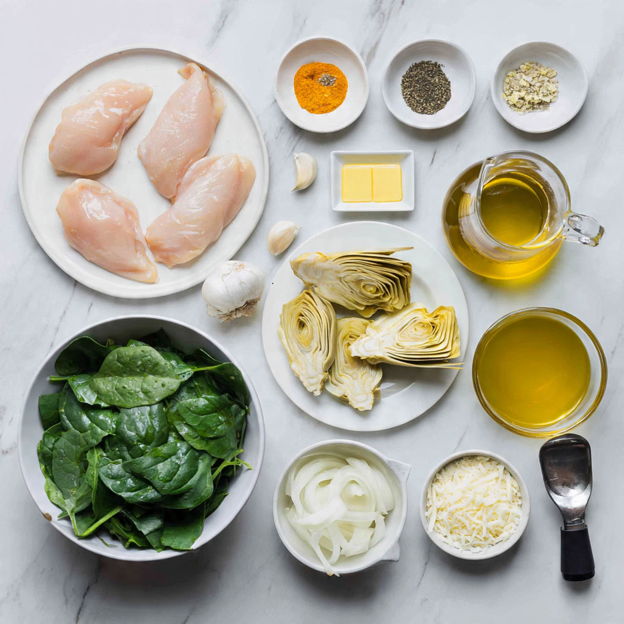 The image shows various ingredients laid out on a white marbled surface. In the top left, a white plate holds four pieces of raw light pink chicken fillets. Nearby, small white bowls contain different spices—orange, black, and yellow powder. There is a small white jug of golden yellow olive oil and a small white dish with two square yellow butter pieces. Four peeled garlic cloves are scattered next to a clear glass measuring cup with white cream. Below that, a large white bowl is full of fresh dark green spinach leaves. A smaller bowl holds yellow artichoke hearts, and another small bowl contains white chopped onions. A black measuring scoop is filled with grated white cheese, and a clear glass measuring cup of golden broth completes the setup. The photo was taken with an iphone --ar 4:5 --v 7