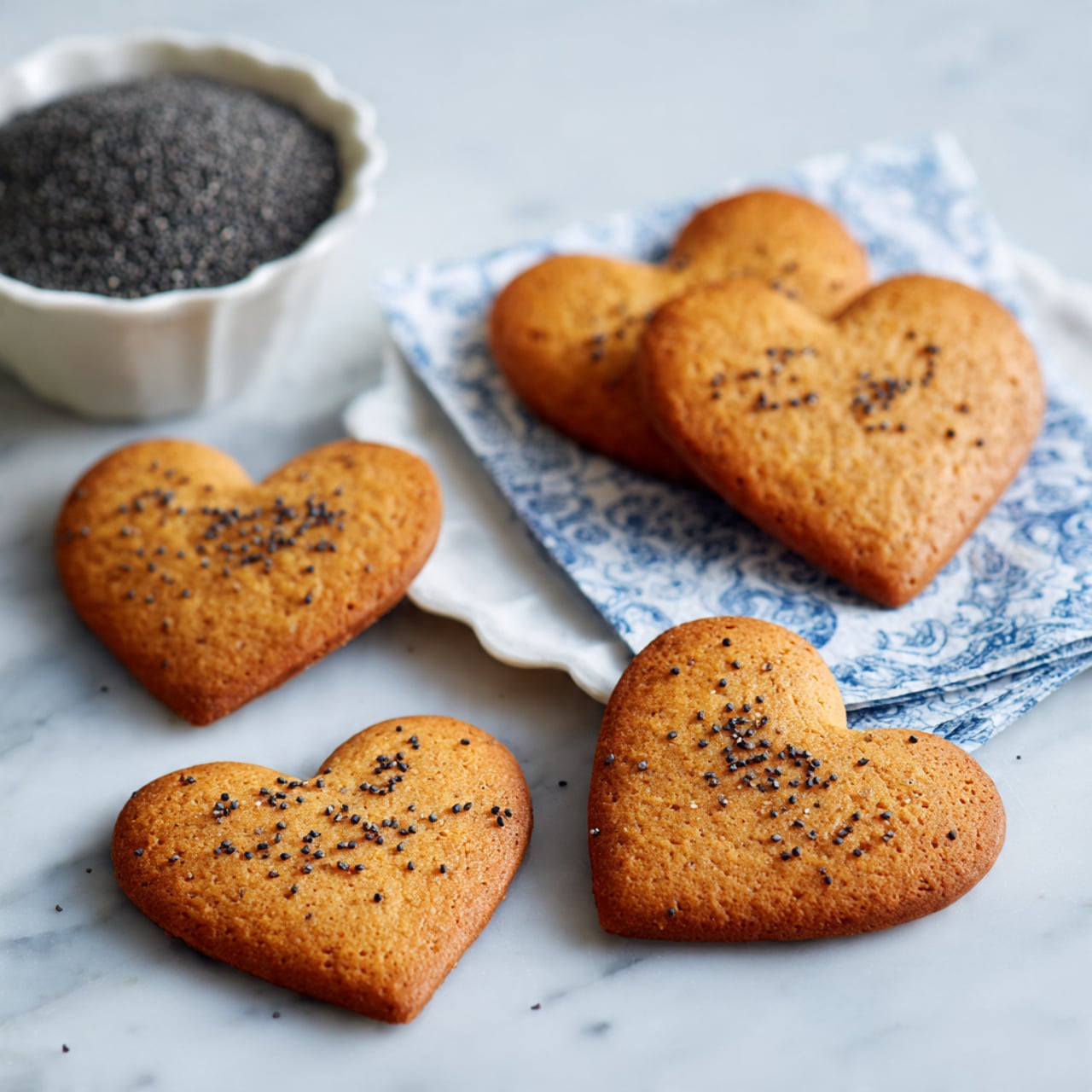 The image shows four heart-shaped cookies with a light brown color and small black seeds on top, arranged on a white marbled surface. Three cookies are laid flat on the surface in front, and one is on a white plate lined with a blue and white patterned napkin in the background. To the left, there is a small white bowl filled with black seeds. The scene is bright and clean, highlighting the details of the cookies and the simple setting. Photo taken with an iphone --ar 4:5 --v 7