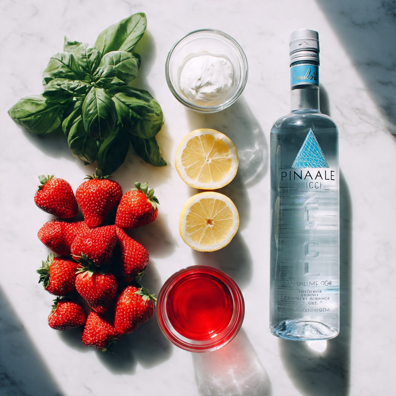A flat lay image showing fresh ingredients neatly arranged on a white marbled surface. There are eight bright red strawberries grouped together on the left, next to a few green basil leaves. Above them, a clear glass container with white cream sits next to two lemon halves, showing their bright yellow inside. To the right of those, a tall blue Pinnacle vodka bottle stands upright, and in the middle below it, there is a clear plastic bottle filled with water. Below the strawberries is a small glass of red juice. The lighting is bright and natural, highlighting the fresh colors and textures. Photo taken with an iphone --ar 4:5 --v 7