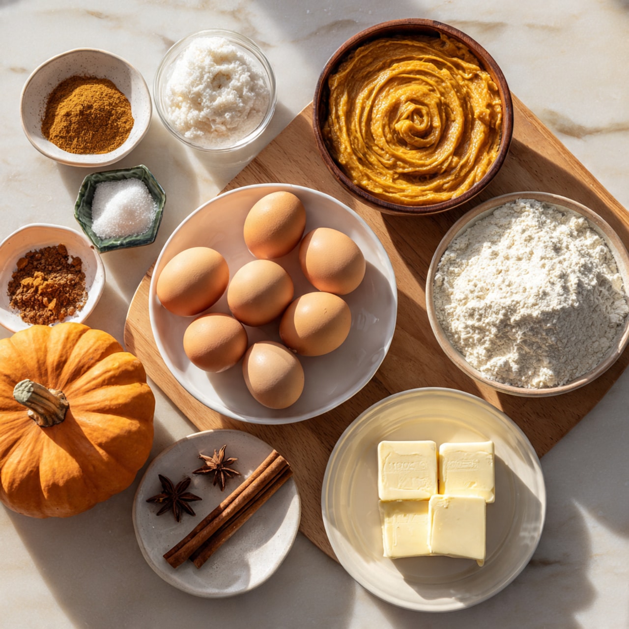 The image shows a wooden table with several baking ingredients arranged neatly. There is a white plate in the center holding five brown eggs. To the right of the eggs is a white bowl filled with white flour, and below that is a smaller white plate with three blocks of butter. Above the eggs, a brown bowl contains a thick orange pumpkin puree with a textured swirl on top. Other small bowls hold brown spices, cinnamon sticks, and star anise, all placed around the main items. A small orange pumpkin sits on the left side near a bowl of white sugar. The whole scene is set on a white marbled surface with natural light, creating a warm and cozy feeling. Photo taken with an iphone --ar 4:5 --v 7