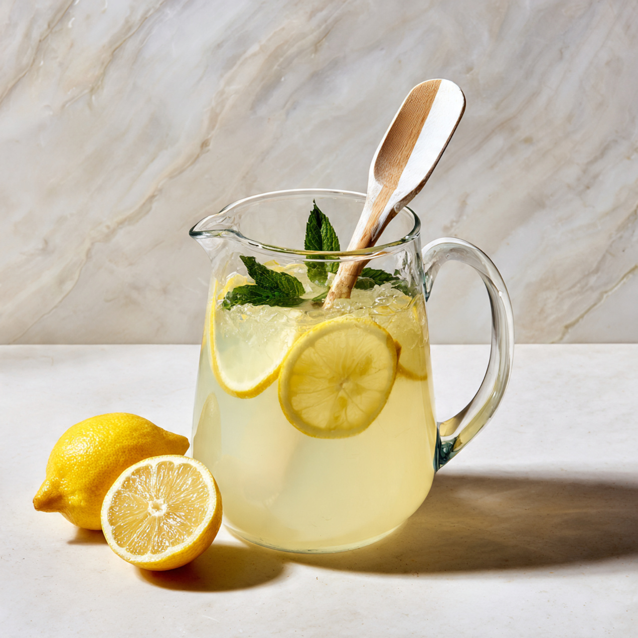 A clear glass pitcher filled with pale yellow lemonade contains two thin lemon slices floating near the top inside the liquid. A wooden spoon with a white handle stands upright in the pitcher, partially submerged. A small green mint leaf peeks out at the top near the spoon. To the left of the pitcher are two lemon halves placed on a white marbled surface. The background is a white marbled texture. Photo taken with an iphone --ar 4:5 --v 7