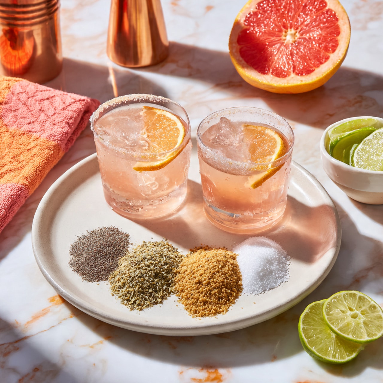 The image shows a white plate with three lines of seasoning arranged side by side from left to right: a thin dark brown powder, a coarse mix of tan and green flakes in the middle, and a coarse white salt on the right. Behind the plate are two clear glasses filled with light pink drink and ice cubes, each garnished with a round slice of grapefruit inside and rims done with the same seasoning mix. To the left side, there is a copper cocktail shaker and a coral cloth napkin. On the right side, there is half a hollowed grapefruit and a light pink citrus juicer in a white bowl. Bright lime wedges are scattered on the white marbled surface around. Photo taken with an iphone --ar 4:5 --v 7