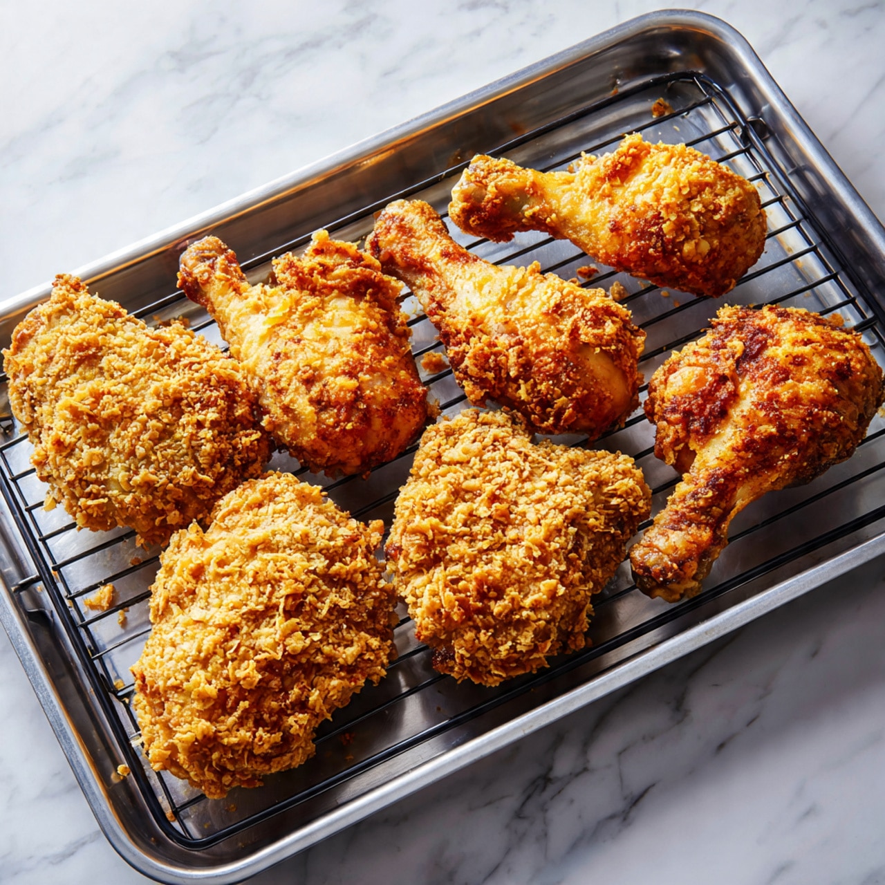 The image shows a tray with eight pieces of fried chicken resting on a black cooling rack, placed inside a silver metal baking sheet. There are four drumsticks, each covered with a rough, crumbly golden-brown crispy coating. The coating looks textured and crunchy with uneven, small crumbles all over. Next to the drumsticks, there are four larger pieces of chicken with similar golden-brown crispy coating, showing ridges and bumps that give a crunchy appearance. The tray is placed on a surface with a white marbled texture, and the light brings out the golden color and rough texture of the crispy chicken skin. photo taken with an iphone --ar 4:5 --v 7