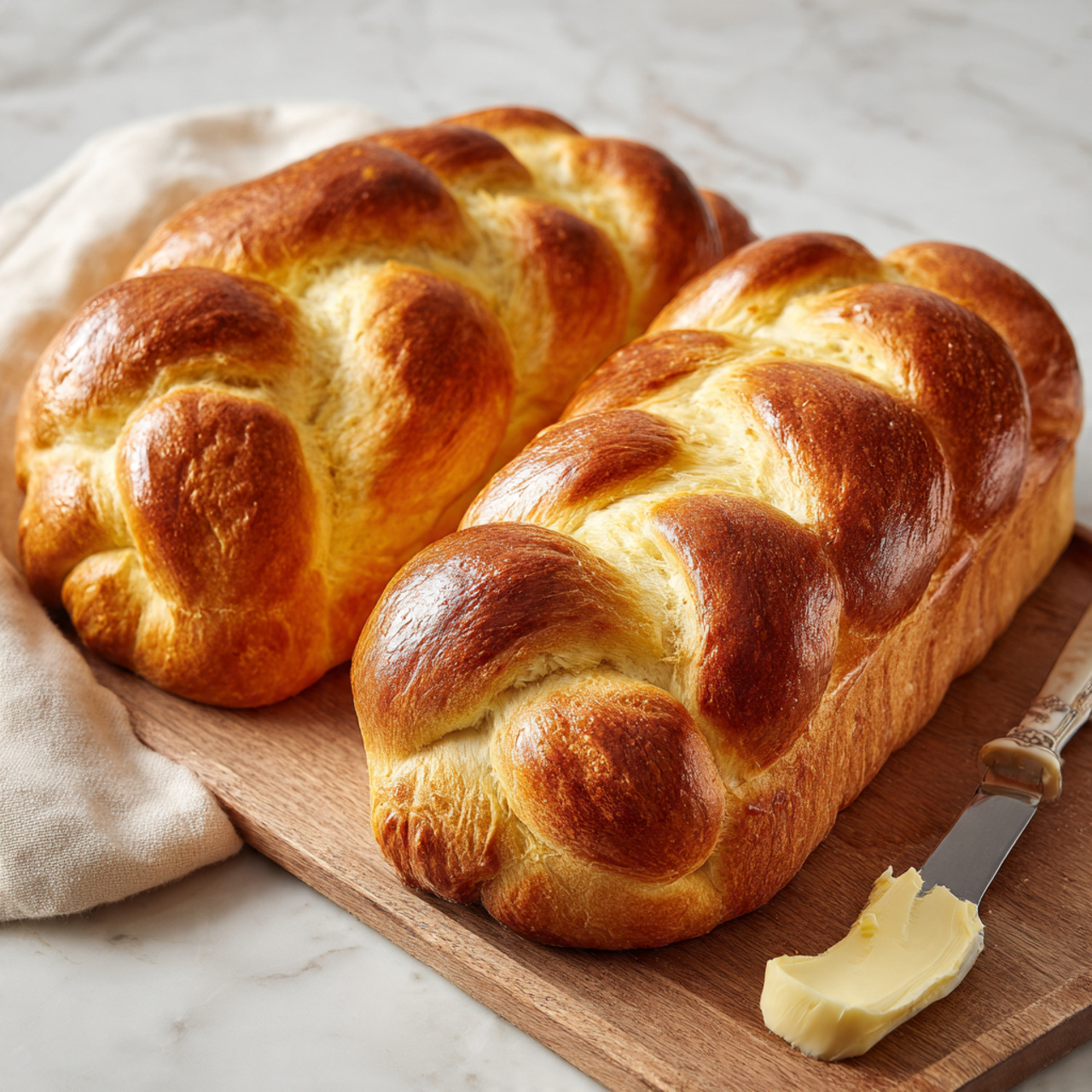 Two golden brown braided loaves of bread with a shiny, smooth crust rest side by side on a wooden board. The bread has three thick, soft strands woven tightly, creating a plump and fluffy texture with a slightly shiny surface from an egg wash. One loaf is partly covered with a light beige cloth on the bottom left. To the right, a butter knife with some butter on its blade lies on the white marbled surface next to the board. The whole scene is bright and clean. photo taken with an iphone --ar 4:5 --v 7