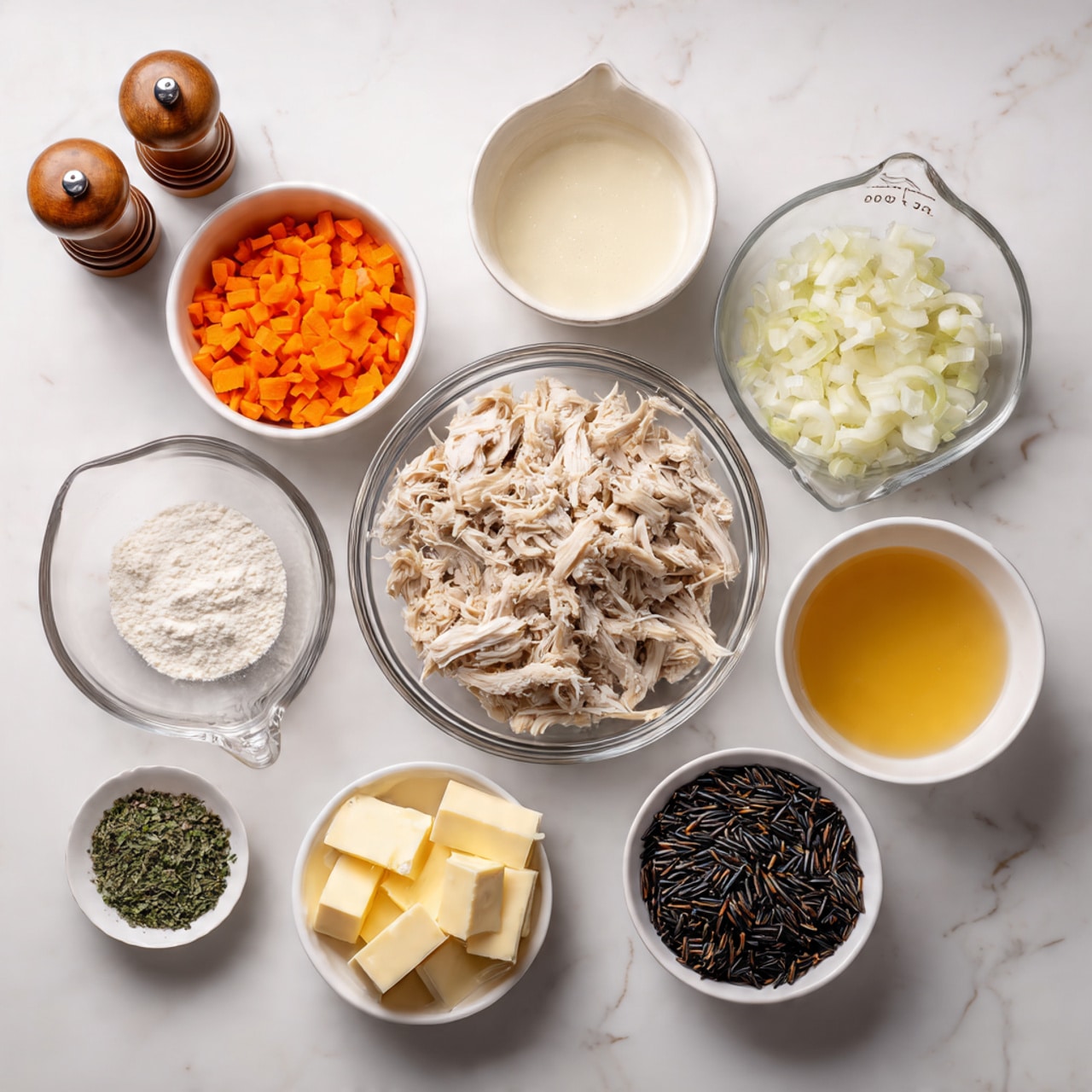 The image shows several white bowls and one glass bowl with different ingredients arranged neatly on a white marbled surface. In the center, there is a clear glass bowl filled with shredded light beige cooked chicken. Surrounding it, from top left clockwise, are a white bowl with bright orange chopped carrots, a white bowl with finely chopped white onions, a glass measuring cup with white cream, a glass measuring cup with light yellow broth, a small white cup with white flour, a small silver cup with minced garlic, and three small cups filled with dried green herbs. There is also a white bowl with pale yellow butter cubes and a white bowl loaded with dark wild rice. Two wooden salt and pepper shakers are placed near the top left corner. Everything is shown clearly on the smooth white marbled surface. Photo taken with an iphone --ar 4:5 --v 7