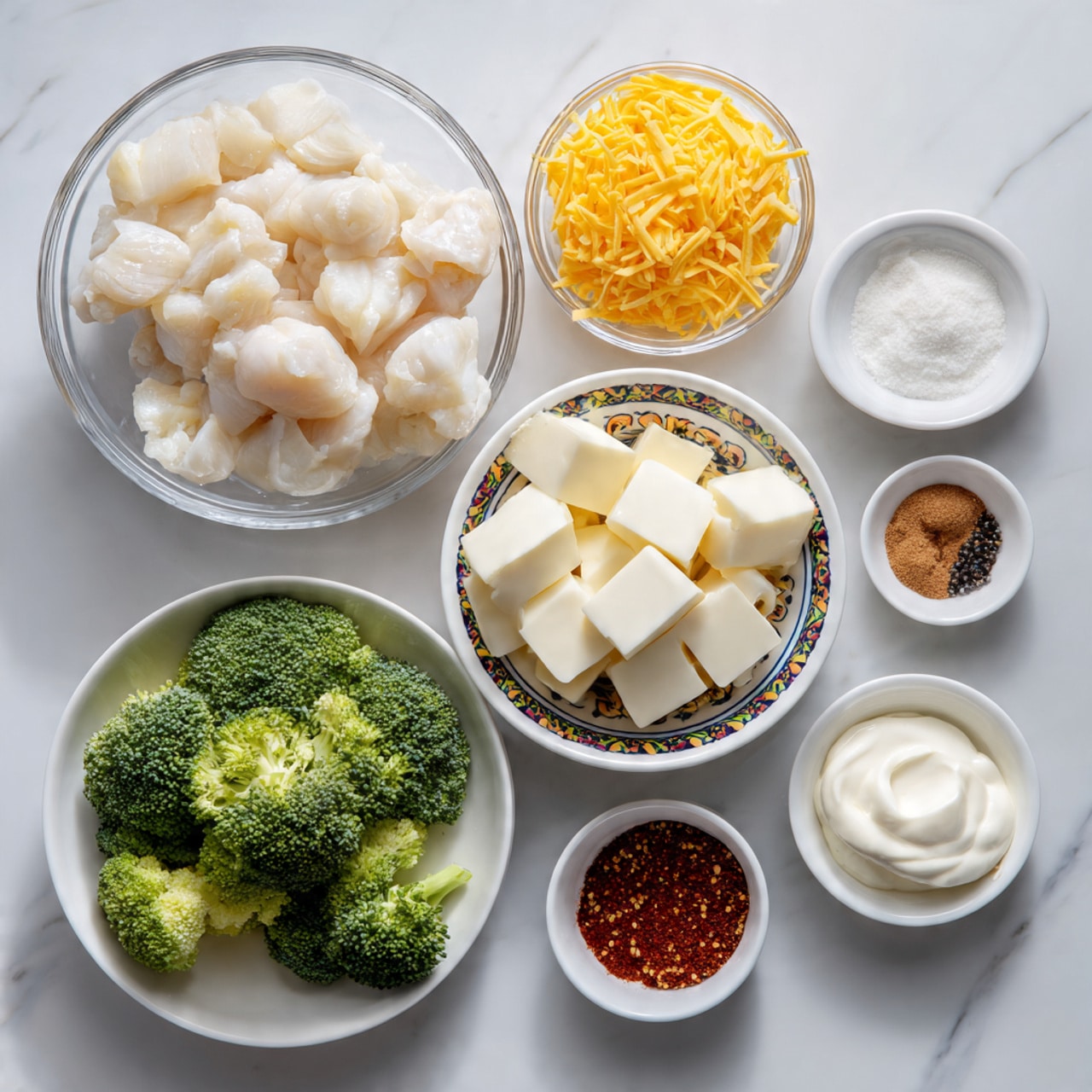 A clear glass bowl filled with small pieces of white cooked chicken sits on a white marbled surface. Below it, there is a white bowl holding bright green broccoli florets. In the center, a white bowl with a colorful rim contains white cream cheese cubes. Next to it, a clear bowl shows shredded yellow cheddar cheese. Above the cream cheese, three small white bowls are neatly placed with light brown powdered spice, white salt, and thick white sour cream. To the right, two small white bowls hold black and red spices. The whole setup is tidy and colorful against the white marbled background, photo taken with an iphone --ar 4:5 --v 7