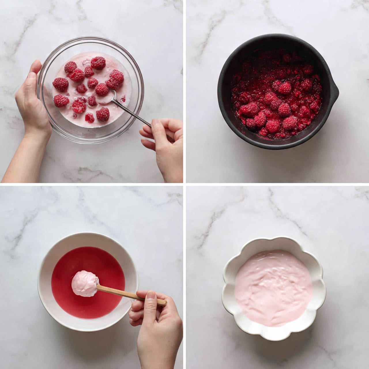 The image shows six small pictures arranged in two rows of three. In the first picture, a clear bowl contains red raspberries and pinkish white cream with a woman's hand holding the bowl. The second picture shows a black pot filled with crushed red raspberries on a white marbled surface. In the third, the black pot has bright red raspberry juice with a spoon. The fourth image shows a white flower-shaped bowl with white cream inside, placed on the white marbled surface. The fifth picture reveals the same bowl now filled with light pink cream, with a woman's hand holding the bowl from the side. In the sixth image, a wooden spoon stirs the pink cream in the white flower-shaped bowl on the white marbled surface. Photo taken with an iphone --ar 4:5 --v 7
