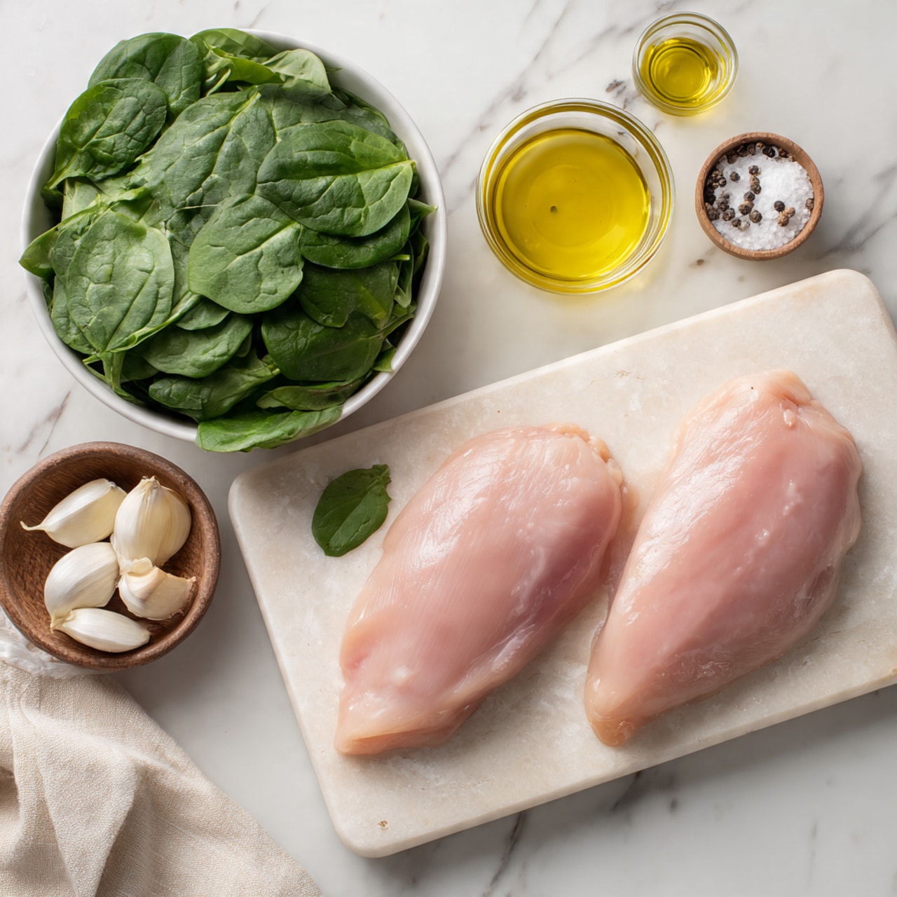 Two raw chicken pieces with light pink color and smooth texture lie side by side on a pale marble board to the right. Above the board, there are three small glass containers filled with yellow olive oil, light vinegar, and white cream. To the left, a white bowl is filled with fresh, dark green spinach leaves. Above the spinach, there is a small white bowl with coarse salt and pepper, and next to it, a small brown bowl holds four whole garlic cloves with their skins. A cream-colored cloth is partially visible on the far left, all placed on a white marbled surface. Photo taken with an iphone --ar 4:5 --v 7