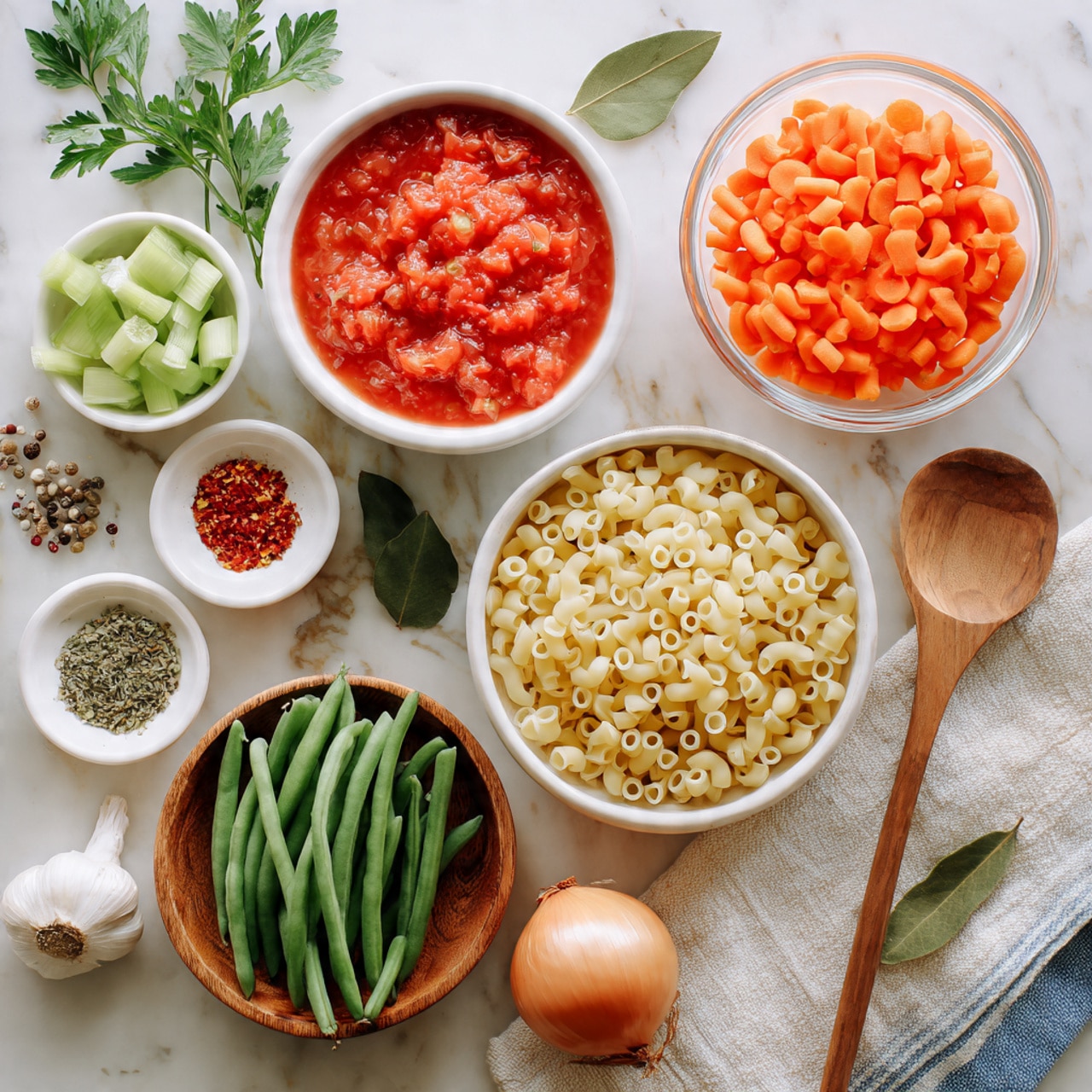A flat lay of fresh cooking ingredients arranged neatly on a white marbled surface includes a white bowl filled with bright red diced tomatoes in liquid, a white bowl of vibrant orange sliced carrots to the top right, a clear glass bowl of pale yellow beans near the top center, and a clear glass bowl with light green celery slices positioned near the left center. A wooden bowl filled with small, pale yellow pasta tubes and a wooden spoon rests near the center. Fresh green beans lie in a cluster below the wooden bowl, next to a whole light brown onion with shiny skin. Around the bowls and cutting board are small white and wooden dishes with spices including dried herbs, red pepper flakes, and bay leaves, a few garlic cloves, and sprigs of fresh parsley. A beige kitchen towel with thin blue stripes is partly visible under the bowls. photo taken with an iphone --ar 4:5 --v 7