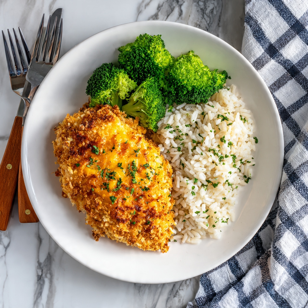 A white plate holds three distinct layers of food: at the bottom, there is a bed of fluffy white rice sprinkled lightly with green herbs; on top of the rice, there is a golden-brown crispy coated piece of chicken covered with a crunchy breadcrumb and melted cheese topping, giving it a textured and slightly uneven surface; to the side of the chicken, there are bright green broccoli florets with a fresh, slightly steamed look. The plate rests on a white marbled surface with a fork and knife placed nearby, and a checked blue and white cloth is partially visible on the side. photo taken with an iphone --ar 4:5 --v 7