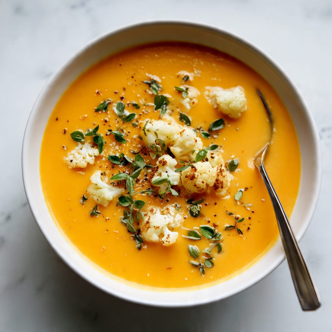 A white bowl filled with bright orange creamy soup, smooth in texture, topped with small white cauliflower pieces and sprinkled green fresh herbs, with a silver spoon resting inside the bowl. The bowl sits on a white marbled surface with scattered small bread pieces around and some green herb leaves on the side. photo taken with an iphone --ar 4:5 --v 7