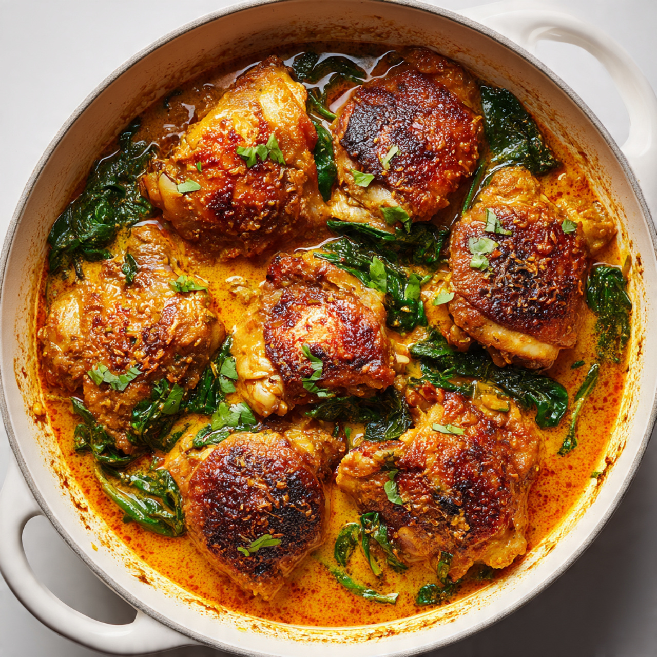 A white round pot filled with seven pieces of cooked chicken thighs with crispy brown skin soaking in thick orange curry sauce. Bright green wilted spinach leaves are scattered throughout the curry, adding a fresh contrast to the warm colors of the dish. The inside of the pot shows some curry stains near the rim, and the pot sits on a light wooden surface. The image captures the rich texture of the sauce with small bits of herbs visible, highlighting the warmth and richness of the meal photo taken with an iphone --ar 4:5 --v 7