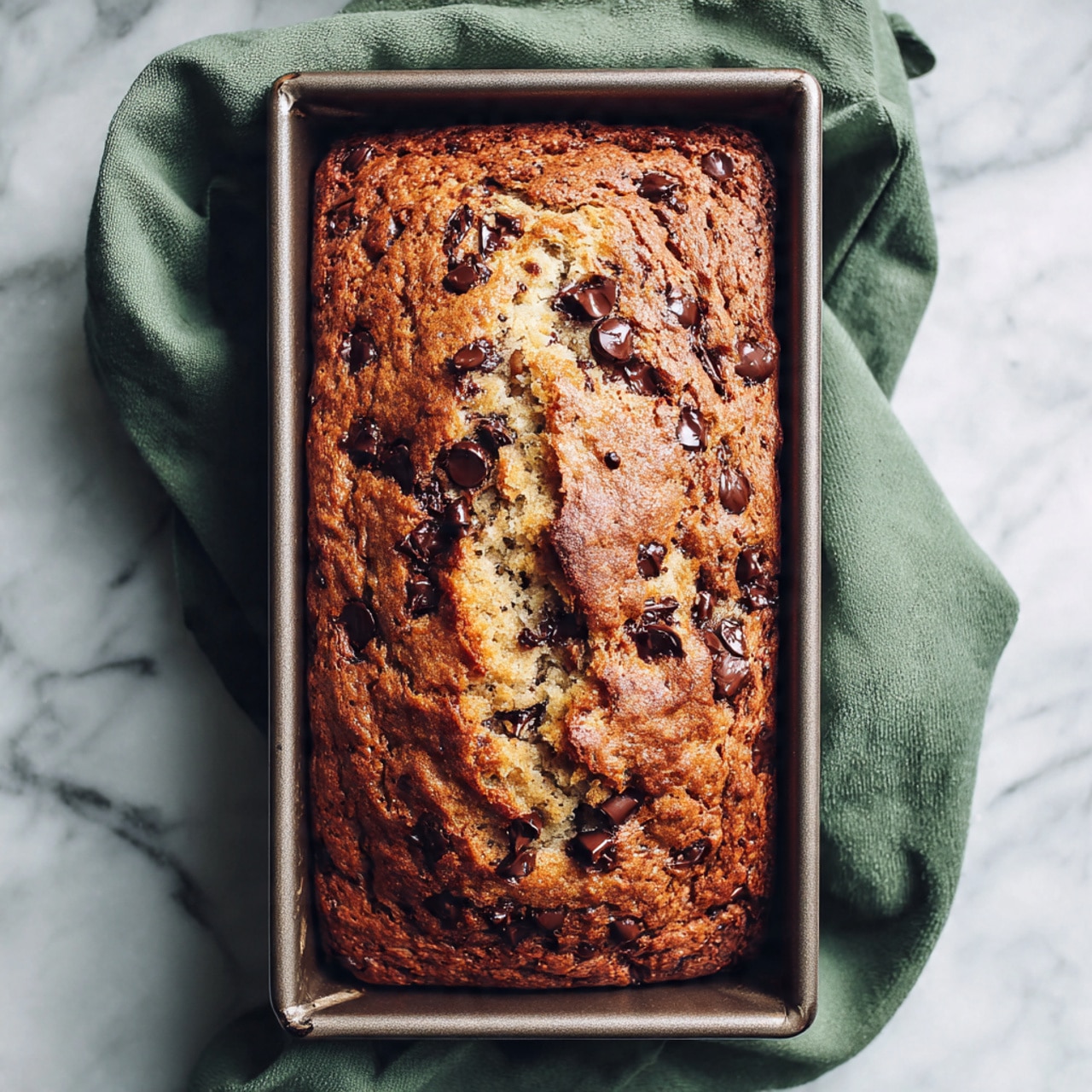 A loaf of chocolate chip bread with a golden-brown top, baked in a rectangular metal pan. The surface is textured, showing some cracks and small chunks of melted dark chocolate spread throughout. The pan sits on a white marbled surface with a green cloth underneath. The bread looks soft but firm with a slightly rough crust. photo taken with an iphone --ar 4:5 --v 7