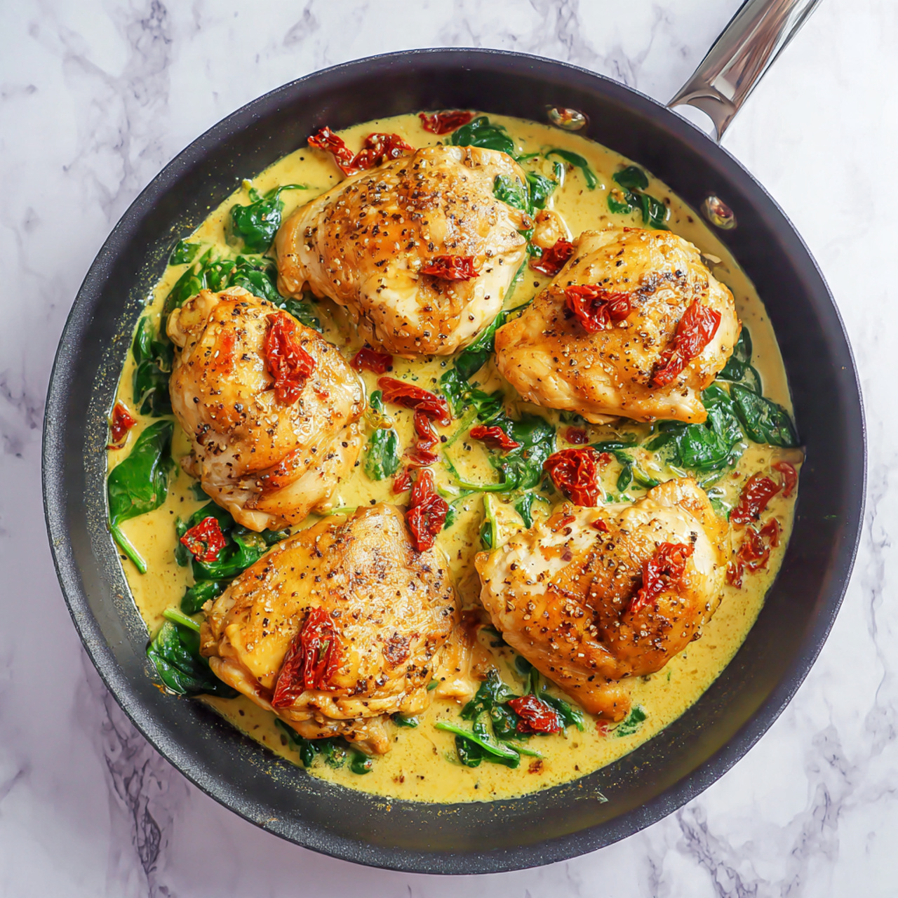 A black frying pan filled with four lightly browned chicken pieces resting in a creamy yellow sauce with green spinach leaves scattered around. Small red sun-dried tomato pieces are spread evenly on top of the chicken and sauce. The sauce has a smooth, rich texture with specks of black pepper seasoning visible. The pan is set on a white marbled surface with a silver handle partially visible. photo taken with an iphone --ar 4:5 --v 7