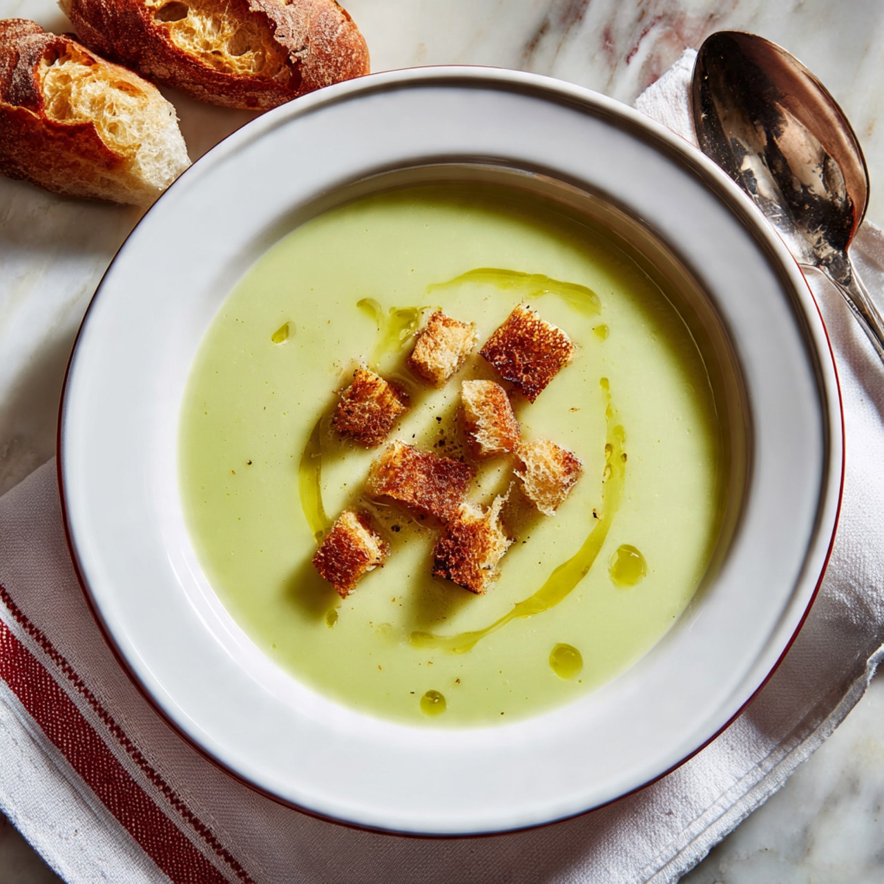 A white bowl filled with smooth, pale green soup, topped in the center with small, golden-brown crunchy bread cubes and a light drizzle of olive oil around them. The bowl sits on a white cloth with a red stripe, placed on a surface with a white marbled texture. In the blurred background, there are two pieces of crusty bread and a shiny spoon. photo taken with an iphone --ar 4:5 --v 7