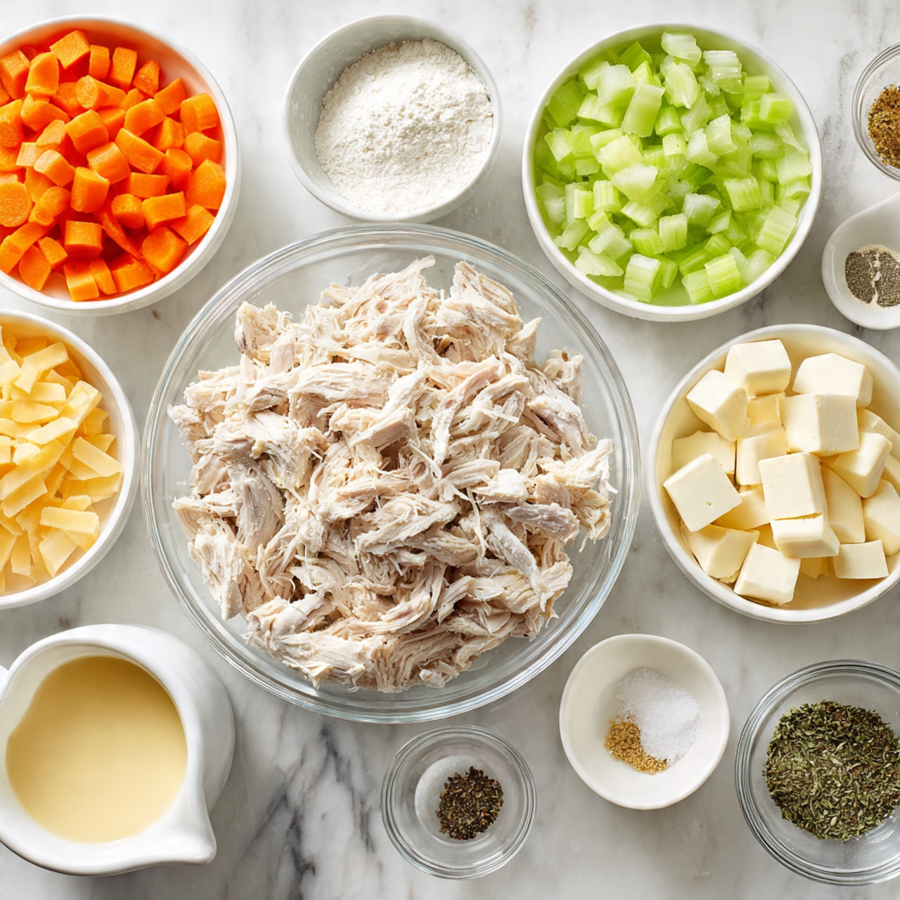 The image shows several small white bowls and containers neatly arranged on a white marbled surface. In the center, there is a clear glass bowl filled with shredded cooked chicken with a light beige color. Surrounding it are white bowls with diced orange carrots, pale green celery, and chopped white onions. Nearby, a small white dish holds pale yellow butter cubes. In another clear bowl, there are small black olives. Additional ingredients include a small container of white flour, a cup of creamy white milk, and a clear container filled with light yellow broth. There are also tiny bowls containing minced garlic, black pepper, and a mixture of dried herbs. Photo taken with an iphone --ar 4:5 --v 7