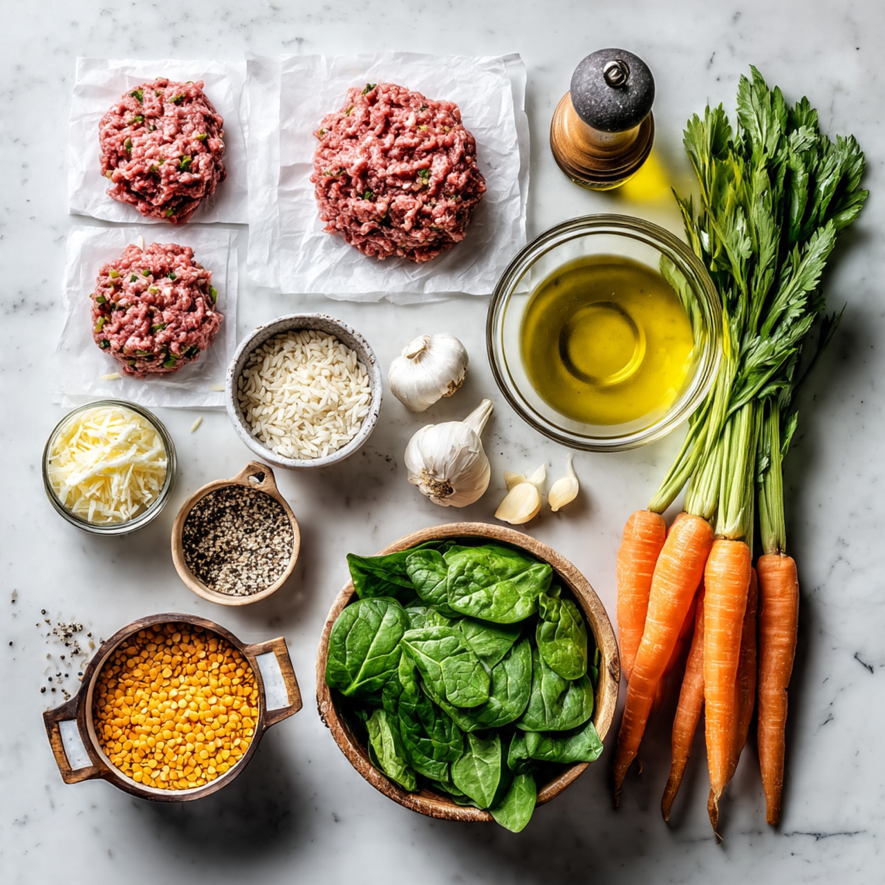 The image shows various fresh ingredients neatly arranged on a white marbled surface. At the top left, there are portions of raw ground meat on white paper. To the right, there is a transparent bowl with a golden liquid broth, and behind it, an olive oil bottle and a pepper grinder. Just below, a small bowl of grated cheese, cloves of garlic, chopped onions, and a bundle of fresh green spinach leaves sitting in a wooden bowl. On the right side, three whole carrots with bright orange skin rest next to some celery sticks with their leafy tops. In the lower left corner, a pot with yellow lentils can be seen, alongside a wedge of cheese, a small jar with seeds, and a round container with uncooked rice. Everything is spread out clearly showing each ingredient's color and texture. Photo taken with an iphone --ar 4:5 --v 7