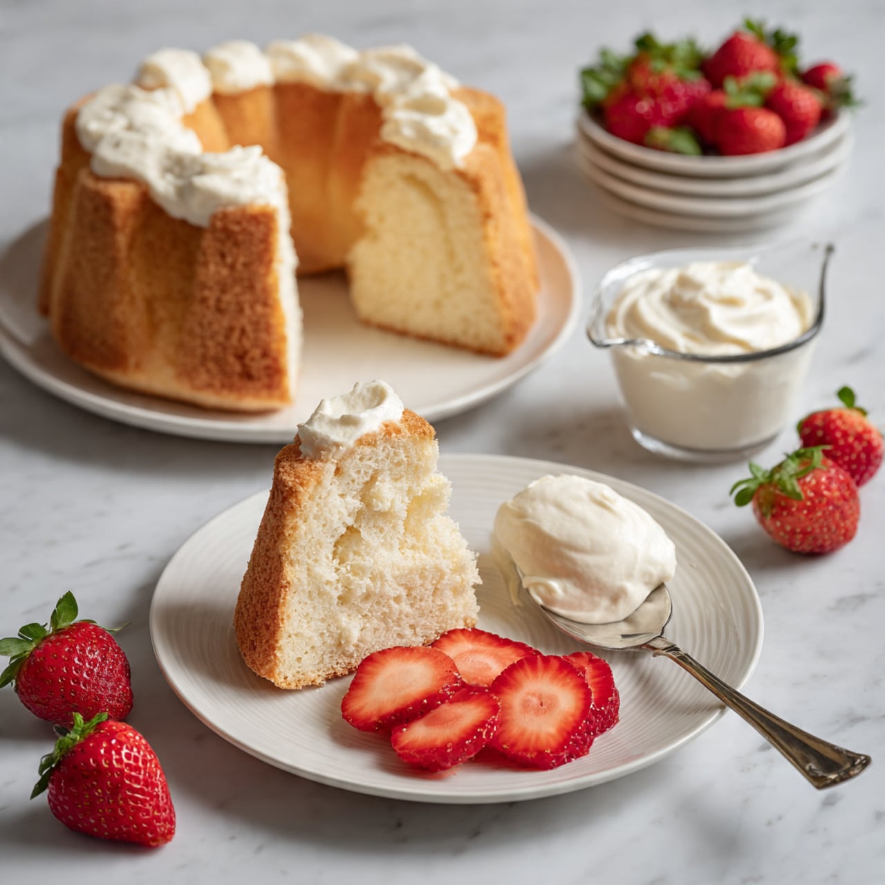 The image shows a white plate with one thick slice of light beige cake with a soft, airy texture and a slightly browned edge. Around the slice are several bright red, sliced strawberries. Next to the cake slice on the plate is a silver spoon holding a dollop of white cream. Behind the plate is a large, round cake on a white plate, missing two slices, revealing the same light beige interior. To the right of the cake is a clear glass measuring cup filled with smooth white cream. Scattered around on the white marbled surface are whole bright red strawberries with green leaves. In the upper left is another white plate with a slice of the same cake with cream on top. Photo taken with an iphone --ar 4:5 --v 7