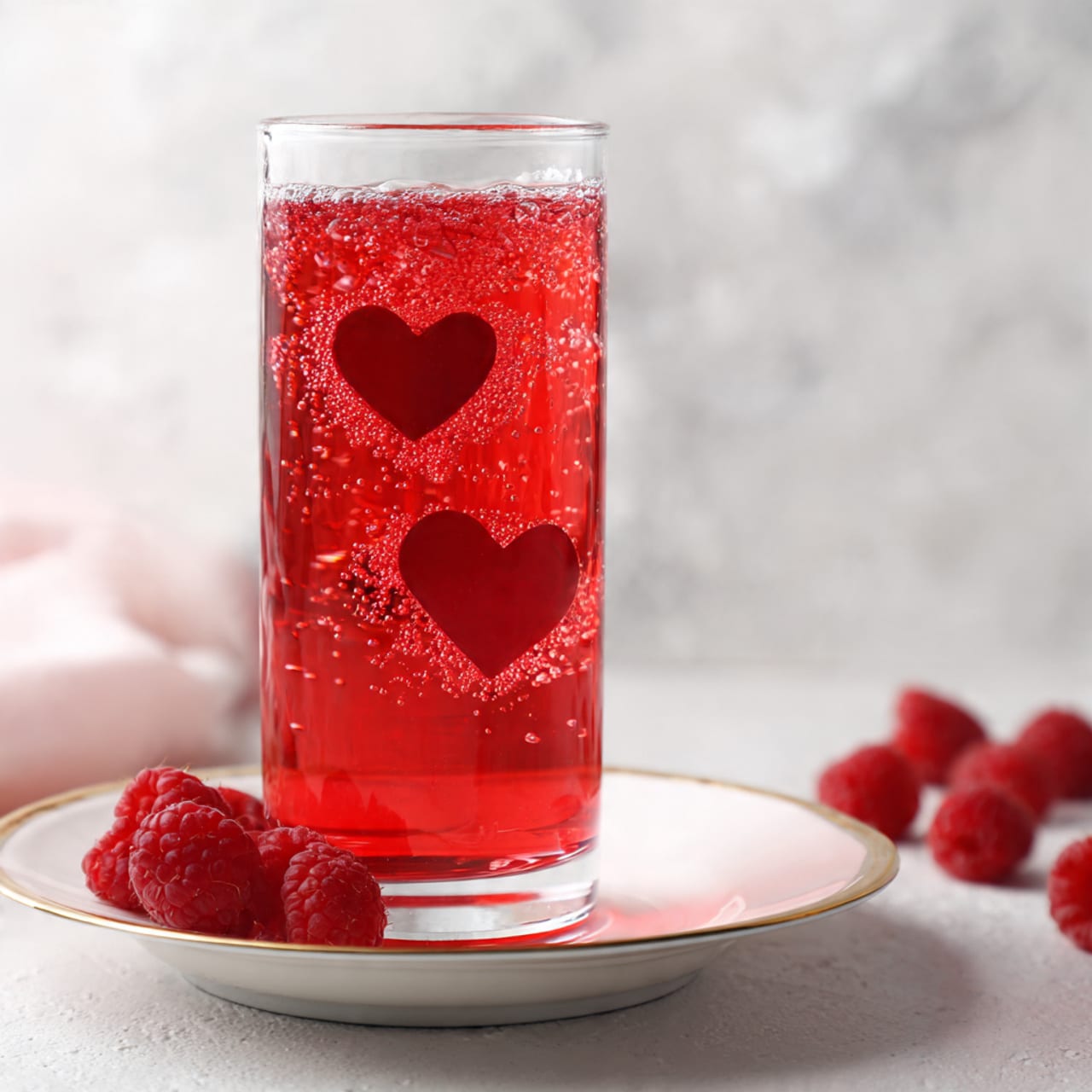 The image shows a clear glass filled with a red fizzy drink, with small bubbles visible inside. There are two large red heart shapes floating in the drink, one inside near the middle and one resting on the rim of the glass. The glass sits on a white plate with a gold rim, and around the plate are fresh raspberries scattered. The background is a white marbled texture with soft natural light coming from the window in the distance, giving the scene a cozy and fresh feel. Photo taken with an iphone --ar 4:5 --v 7