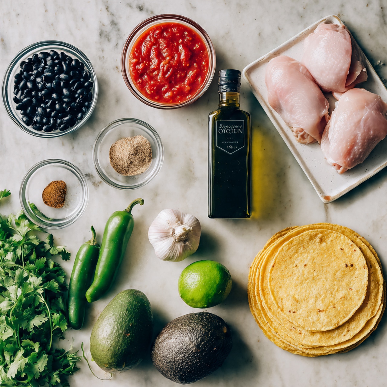 A flat white marbled surface holds an array of cooking ingredients arranged neatly. On the top left are three clear glass small bowls, one filled with black beans, one with red tomato sauce, and one empty, next to another small bowl with a brown powder spice. To the right is a white rectangular plate holding two pale pink raw chicken pieces. Beside it stands a dark green bottle of avocado oil. Below these is a rectangular carton of organic chicken stock. On the bottom left, there is a bunch of fresh green cilantro, a whole onion, a green jalapeño, two cloves of garlic, a halved lime, and a whole avocado. In the center bottom are four stacked round yellow corn tortillas. The colors are bright with a clean, fresh look, and soft natural light. Photo taken with an iphone --ar 4:5 --v 7