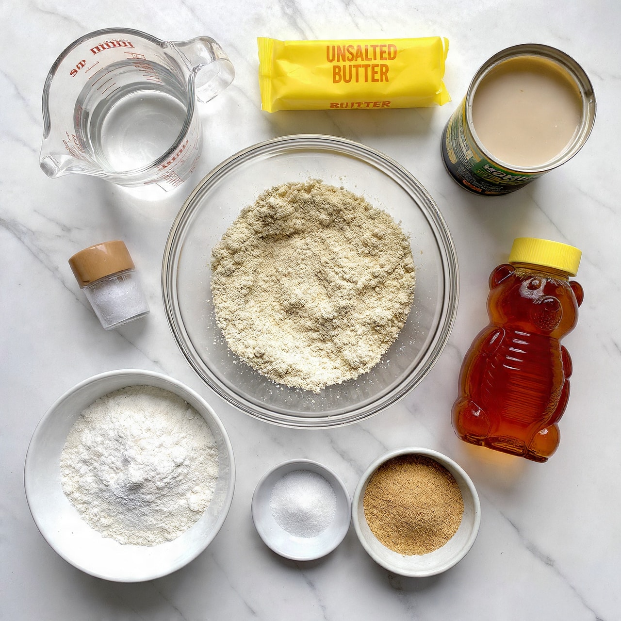 The image shows several baking ingredients neatly arranged on a white marbled surface. At the center is a clear glass bowl filled with a light beige flour mixture, showing a slightly uneven surface texture. To the top left is a clear glass measuring cup filled with water. Above the flour bowl is a rectangular stick of butter in a yellow wrapper labeled