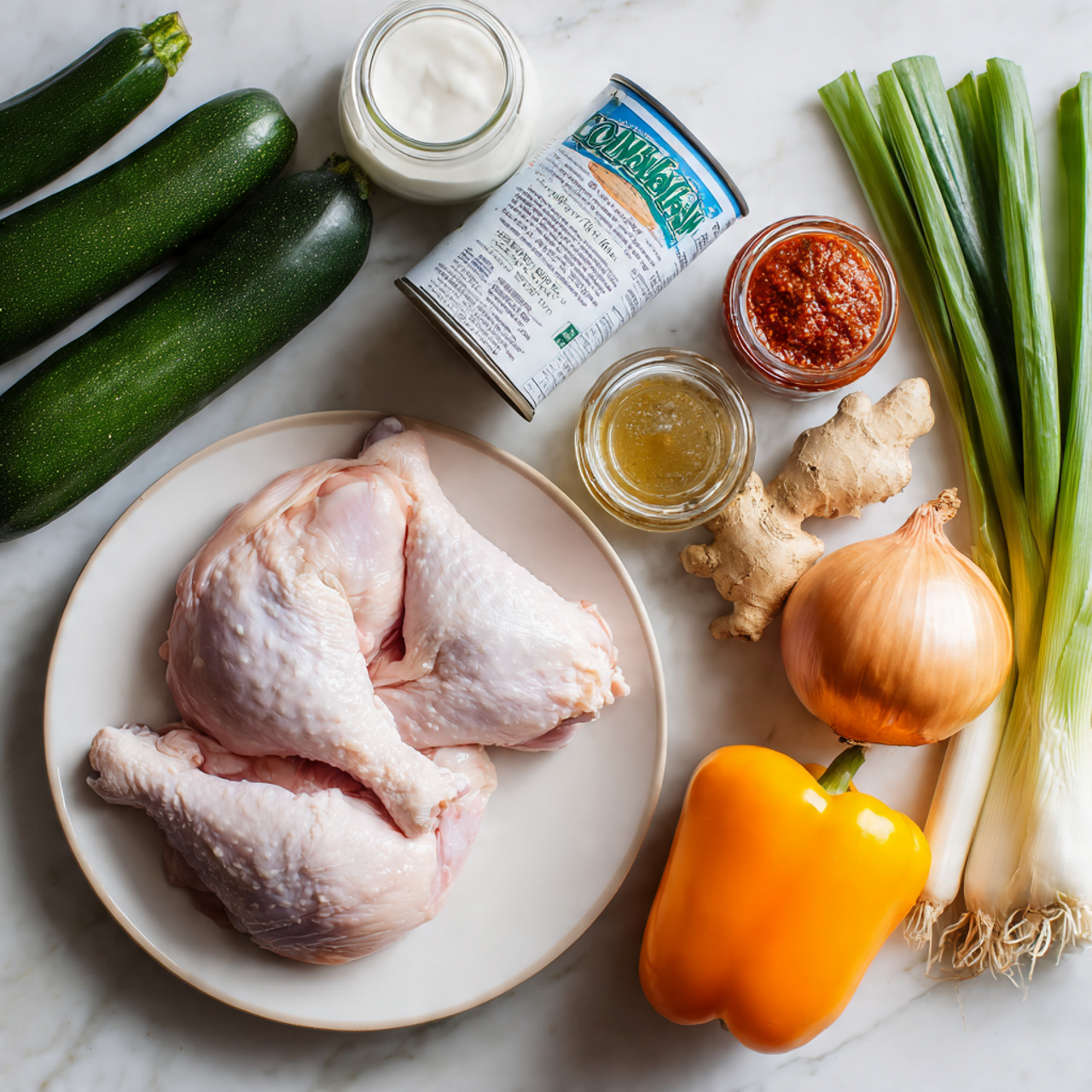 The image shows a white round plate in the center with two raw pink chicken pieces on it. To the left of the plate, there are two dark green zucchinis, one above the other, and below them, a glass jar of white coconut oil and a light blue can of coconut cream with labels facing forward. Above the can, a small glass jar of red curry paste is placed. On the right side of the plate, a bunch of green onions with white bulbs at the bottom lean rightwards, next to a bright orange bell pepper. Below the bell pepper, there is a small piece of light brown ginger root, a white bulb of garlic, and a tan onion placed in a row. All items are arranged neatly on a white marbled surface. photo taken with an iphone --ar 4:5 --v 7