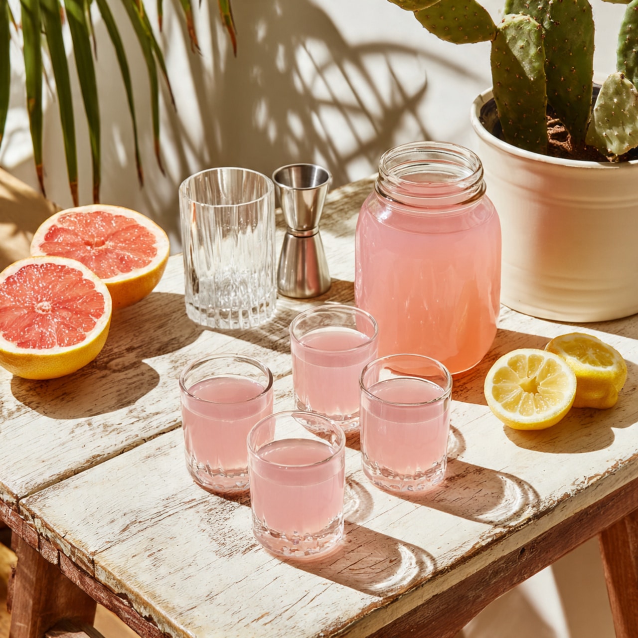 The image shows a white wooden table with a jar of light pink juice filled almost to the top, placed near the upper right corner. In front of the jar, there are four small transparent glasses arranged closely in a square shape, each half-filled with the same pink juice. To the left of the jar, there is an empty clear glass and a metal jigger next to it. A white pot holding green cacti is near the top center. Around the table, there are sliced citrus fruits, including a grapefruit half near the bottom left and two lemon slices beside the jar. The setting is bright with soft, natural light. Photo taken with an iphone --ar 4:5 --v 7