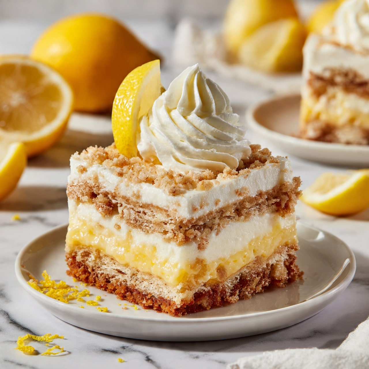 The image shows a square lemon dessert with three visible layers on a white plate set on a white marbled surface. The bottom and middle layers consist of a light brown crumbly cake texture, separated by thick white creamy layers. The top layer is a smooth white cream spread evenly. On top of the dessert, there is a swirl of white whipped cream and a small lemon wedge placed upright. Around the plate, there are a few small lemon zest pieces scattered. In the background, there are whole and sliced lemons, as well as part of another white plate with more dessert visible. Photo taken with an iphone --ar 4:5 --v 7