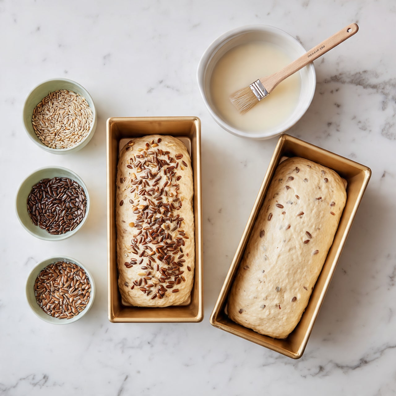 Two loaves of dough are placed inside two rectangular golden pans on a white marbled surface. The left loaf is topped with a mix of light brown sunflower seeds and smaller dark brown seeds, while the right loaf is plain with visible small seeds inside the dough. Above the loaves, there is a small white bowl filled with a pale liquid and a wooden brush resting inside it. To the left of the pans are two small light green bowls, one with dark brown seeds and the other with light brown sunflower seeds. The scene is light and clean, showing ingredients and bread before baking. photo taken with an iphone --ar 4:5 --v 7