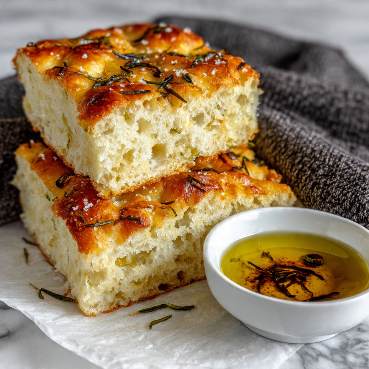 The image shows two pieces of golden brown focaccia bread with a soft, airy white inside and coarse grains of salt on top, sprinkled with small dark green herbs, stacked in front of a small white bowl filled with golden olive oil mixed with dark balsamic vinegar and specks of dried green herbs floating on the surface, all placed on a white marbled surface with a dark textured cloth in the background photo taken with an iphone --ar 4:5 --v 7