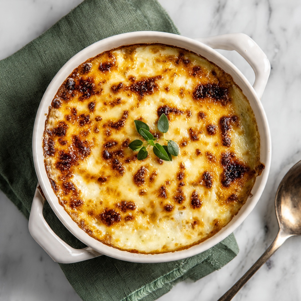 The image shows a round white bowl with two handles filled with a baked dish. On top, there is a golden-brown melted cheese layer with a few darker spots where it is more toasted. The cheese looks bubbly and creamy with some browned edges. A small green herb sprig rests on the center of the cheese, adding a fresh touch. The bowl is placed on a white marbled surface with a green cloth napkin folded beside it and a spoon resting partly on the napkin. Photo taken with an iphone --ar 4:5 --v 7