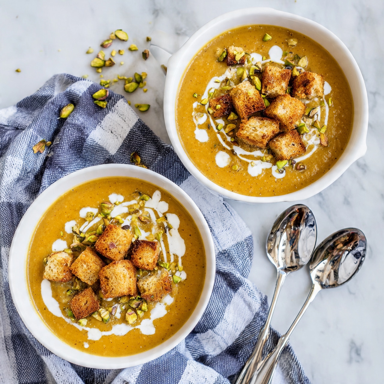 The image shows two white bowls filled with orange-brown creamy soup placed on a white marbled surface covered with a blue and white checkered cloth. Each bowl has a topping of golden-brown crunchy croutons piled in the center, small green pieces sprinkled around, and white cream drizzled artistically on the soup's surface. Next to one bowl are two shiny silver spoons resting on the cloth, reflecting the surrounding colors. The scene looks bright and cozy, inviting for a warm meal photo taken with an iphone --ar 4:5 --v 7