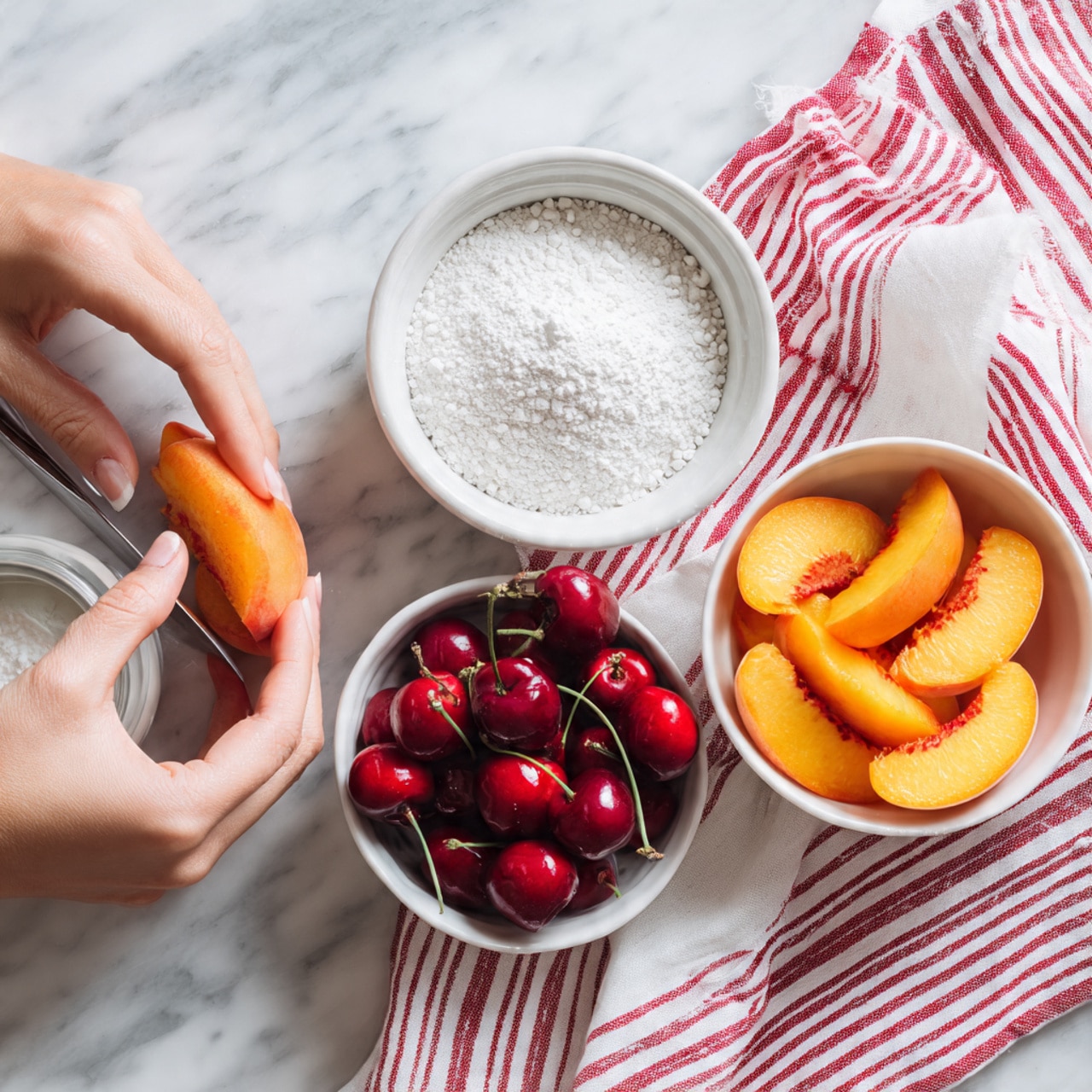 The image shows three white bowls on a white marbled surface. The first bowl contains white powder, the second bowl is filled with fresh red cherries, and the third bowl holds bright orange peach slices. A woman's hand is seen holding a knife, slicing the peach slices in the bowl. A red and white striped cloth is placed beneath two of the bowls, adding a touch of color to the setup. Photo taken with an iphone --ar 4:5 --v 7