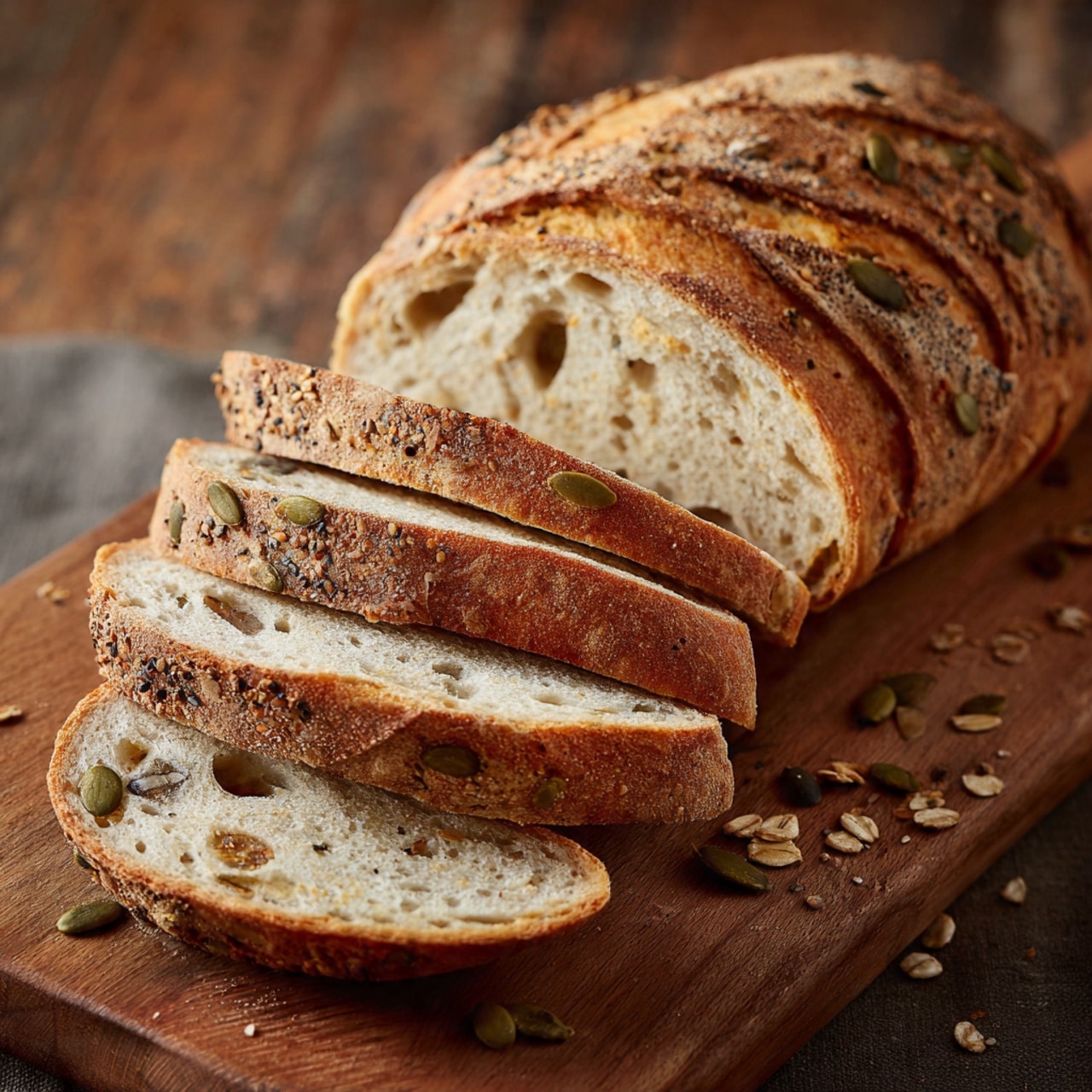 A loaf of bread sliced into seven pieces resting on a wooden board. The crust is golden brown with a rough texture, topped with various seeds like pumpkin seeds, flax seeds, sesame seeds, and oats. The inside is soft and light cream in color with small holes and some seeds dispersed throughout. The slices are uneven but thick, showing a contrast between the crunchy crust and the soft inside. The wooden board has a warm brown tone with a subtle grain. photo taken with an iphone --ar 4:5 --v 7