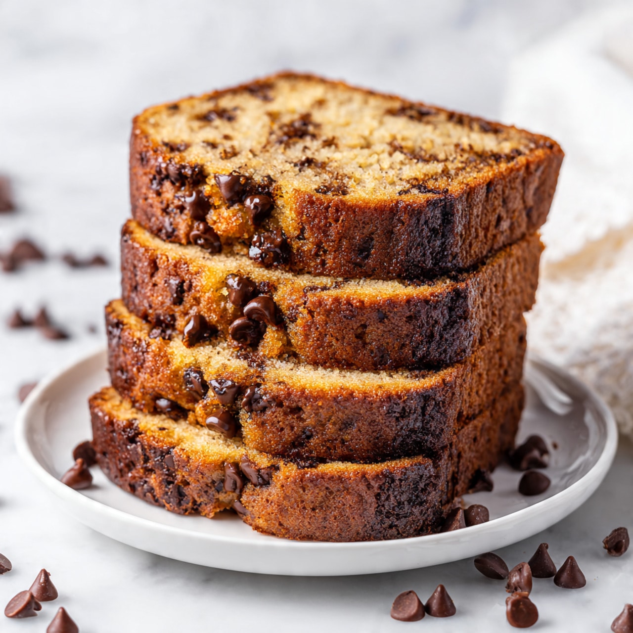 Four slices of chocolate chip banana bread stacked on a white plate, showing a golden-brown crust with darker edges and a soft, light tan inside dotted with melted, glossy chocolate chips throughout. The slices are thick and moist, with some chocolate chips visibly oozing out near the edges. Around the slices on the plate, there are scattered chocolate chips adding texture and color contrast. The plate sits on a white marbled surface. photo taken with an iphone --ar 4:5 --v 7