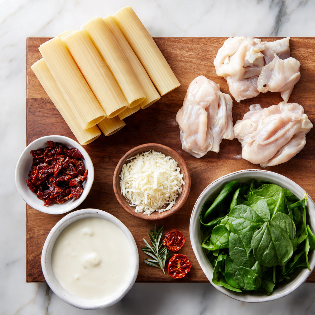 A wooden board holds raw rigatoni pasta tubes stacked in the top left, next to three smooth, pale raw chicken pieces on the top right; below the pasta are small white bowls containing dark red sun-dried tomatoes and finely grated white cheese, while a white bowl filled with fresh green spinach leaves sits on the bottom right; a small clay bowl with dried herbs and a dried tomato slice is centered near the board's bottom, alongside a white bowl of thick creamy sauce; this all rests on a white marbled surface photo taken with an iphone --ar 4:5 --v 7