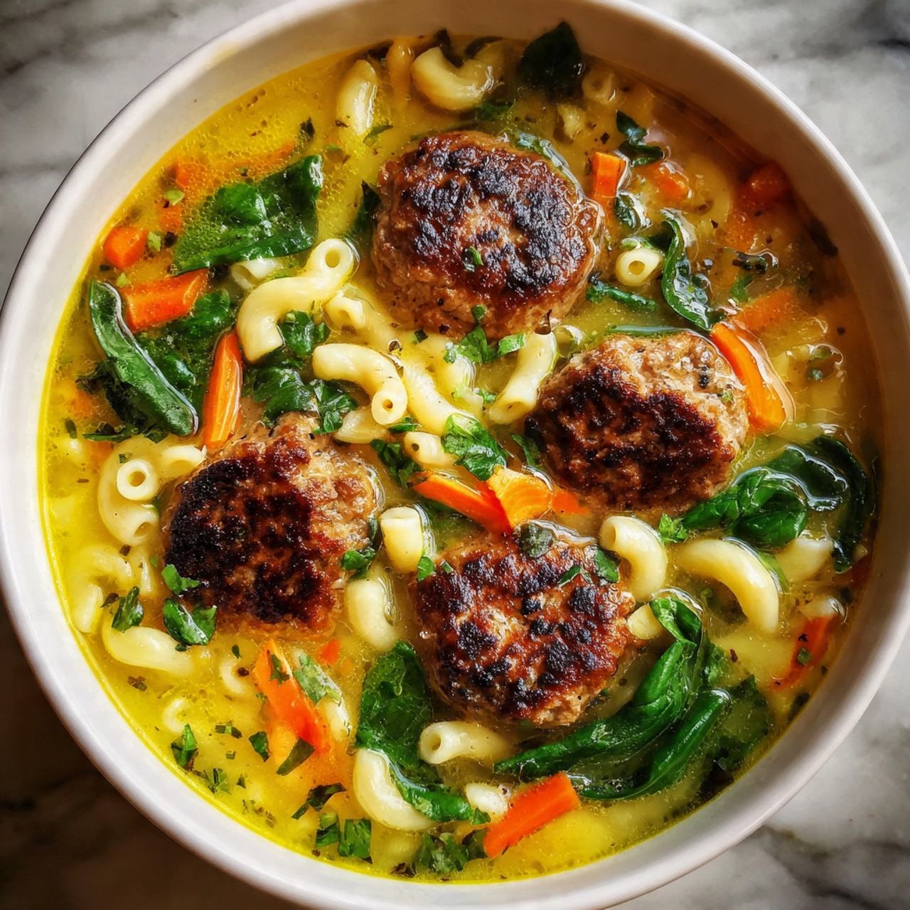 A white bowl filled with a light yellow broth soup containing four browned meat patties floating on top. The soup has small pasta rings, bright orange carrot slices, and green spinach leaves scattered around, creating a mix of colors and textures. The surface beneath the bowl is white marbled. The photo taken with an iphone --ar 4:5 --v 7