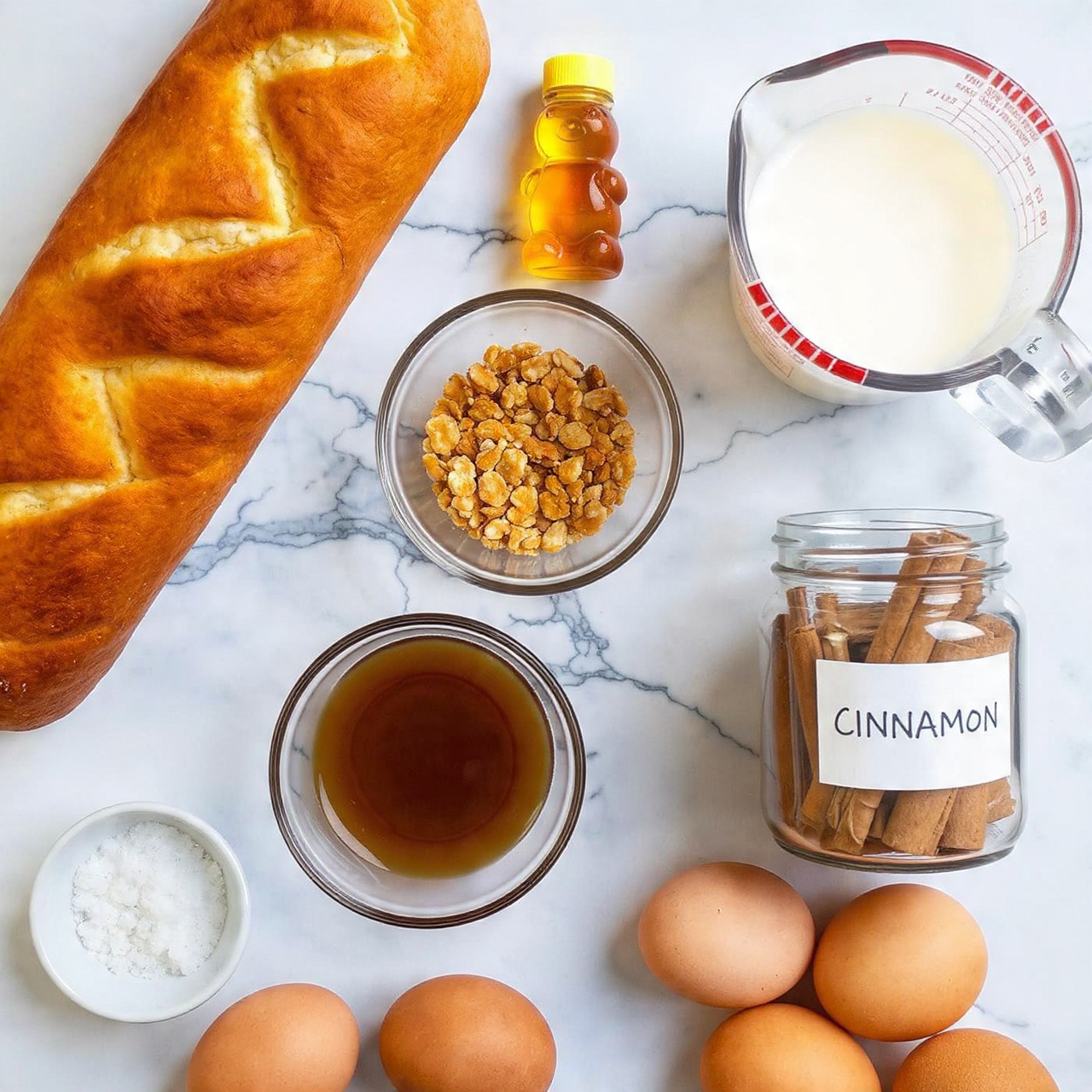 A neatly arranged flat lay of baking ingredients is set on a white marbled surface, featuring a golden, braided loaf of bread on the left side. To the right, a clear measuring cup is filled with white milk, and above it is a small honey bear bottle with a yellow cap. Below the milk is a small glass bowl with a dark brown liquid and next to it, a glass bowl full of walnut pieces. Towards the bottom left, a small white dish holds coarse white salt, and on the bottom right, four brown eggs are lined in a row. In the center, there is a clear jar labeled
