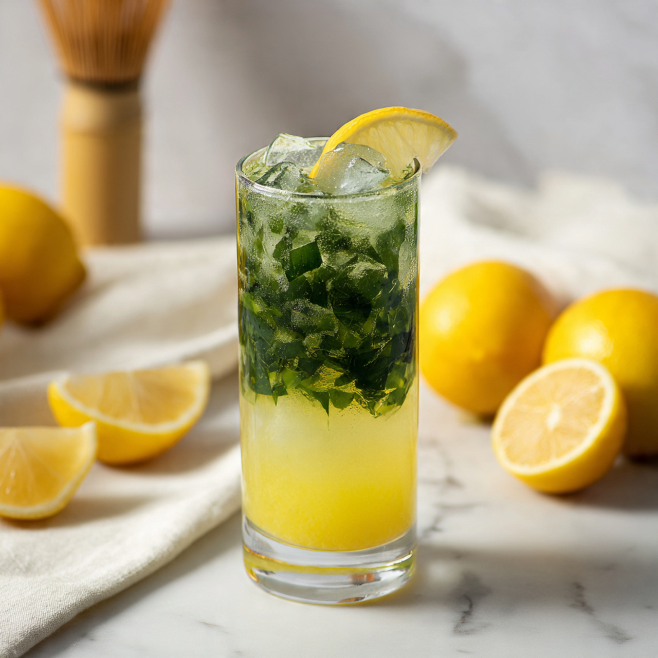 A tall clear glass shows two layers of drink; the bottom layer is light yellow with a smooth texture, and the top layer is a dark green liquid with pieces of green leaves inside, topped with ice cubes and a lemon slice resting on the rim. The glass sits on a white marbled surface surrounded by whole and sliced bright yellow lemons, with a white cloth and a bamboo whisk blurred in the background. The scene is bright and clean, with soft natural light. photo taken with an iphone --ar 4:5 --v 7