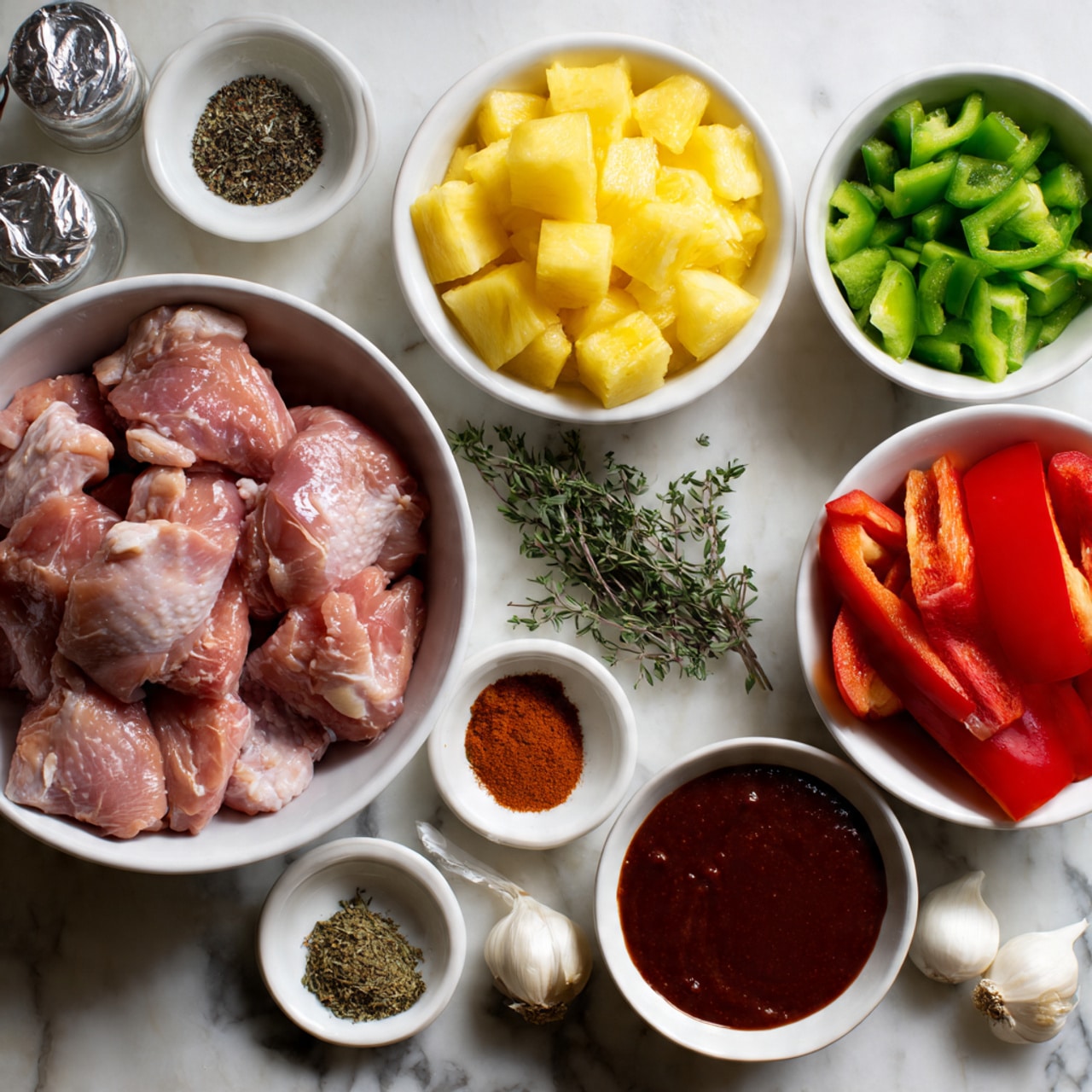 The image shows an overhead view of several white bowls and small containers arranged on a white marbled surface. One large white bowl holds several raw, pink chicken pieces with smooth texture in the center. Above it to the left, a white bowl contains bright yellow pineapple chunks with a juicy, fibrous texture. To the right, a white bowl is filled with chopped green bell peppers that look fresh and crisp. Below the pineapple, a white bowl contains large pieces of red bell peppers with shiny surfaces. Near the bottom right, a white bowl holds thick, dark reddish-brown barbecue sauce with a glossy, smooth texture. Smaller white dishes contain various spices and fresh herbs including a small bowl of green thyme sprigs, a pile of paprika powder, and individual garlic bulbs and a shallot lying directly on the marble. Two small clear containers hold black pepper and salt. Foil roll sits partially in the frame at the bottom left. Photo taken with an iphone --ar 4:5 --v 7