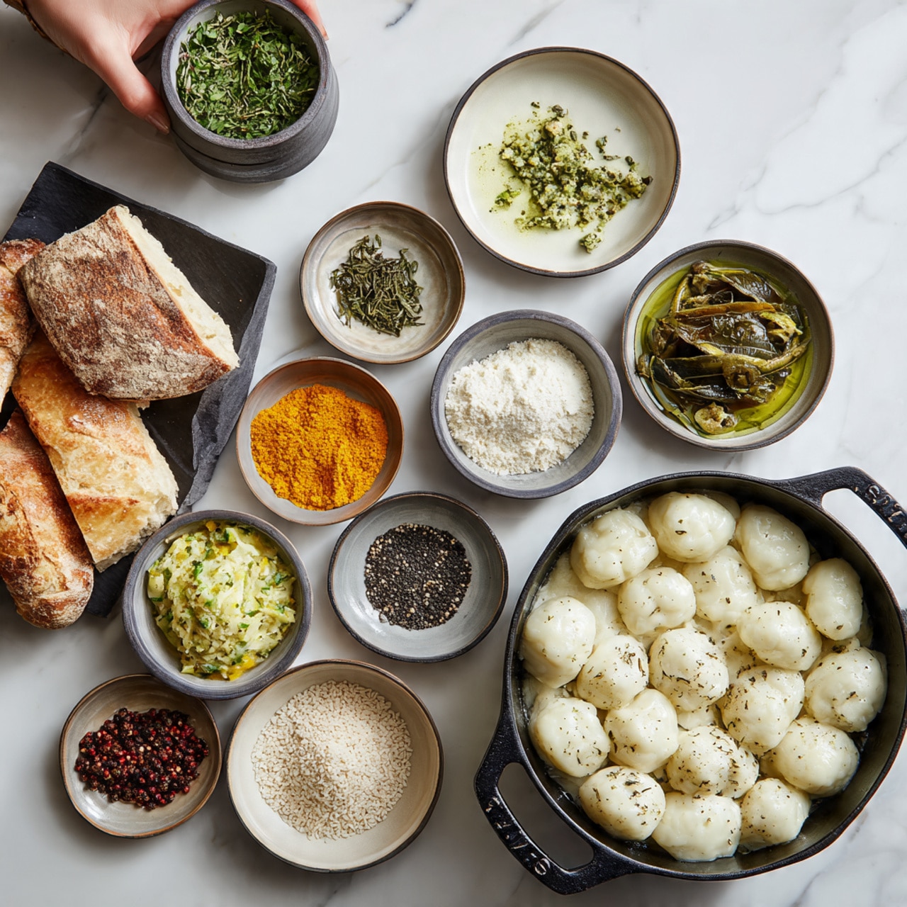 The image shows multiple small white bowls arranged on a white marbled surface, each containing different cooking ingredients including a mix of spices, liquids, grains, and herbs in various colors such as orange, yellow, off-white, and green. On the bottom left is a piece of crusty bread, and a large black cast iron pot filled with white topped pasta or dumplings is placed to the bottom right. There is also a woman’s hand holding a small bowl of herbs near the top left. The overall look is clean and organized, with a variety of colors and textures contrasting with the white bowls and marble. Photo taken with an iphone --ar 4:5 --v 7