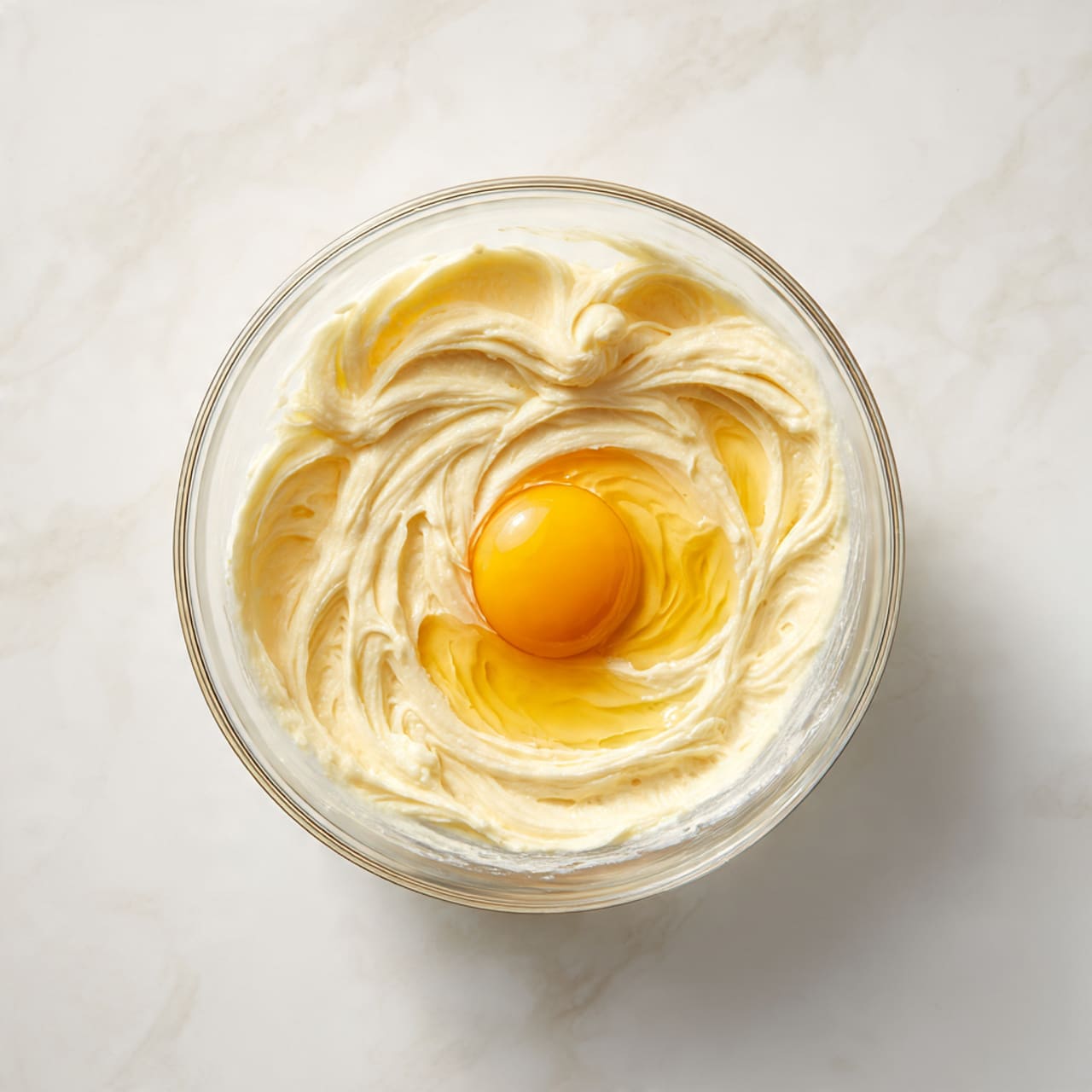 A clear glass bowl contains a creamy, pale yellow mixture with soft, smooth swirls and peaks, showing a thick texture. Inside the bowl, an egg yolk and some translucent egg white sit on top of the cream, adding a bright yellow and shiny liquid layer contrasting with the matte cream. The bowl is placed on a white marbled surface, providing a clean, light background. photo taken with an iphone --ar 4:5 --v 7