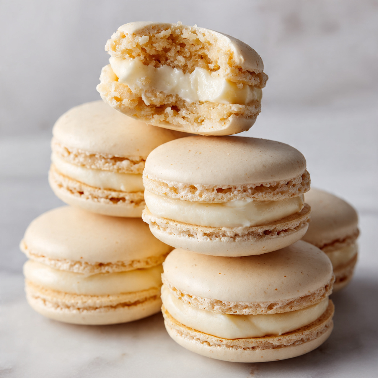 The image shows a close-up of several vanilla macarons stacked together. Each macaron has two smooth, light cream-colored shells with a slight shine and a delicate, slightly rough texture around the edges. Between the shells, there is one thick layer of creamy filling that is also light cream-colored and looks smooth and soft. One macaron on top is broken in half, showing the crumbly texture of the shell and the creamy filling inside. The background has a white marbled texture. photo taken with an iphone --ar 4:5 --v 7