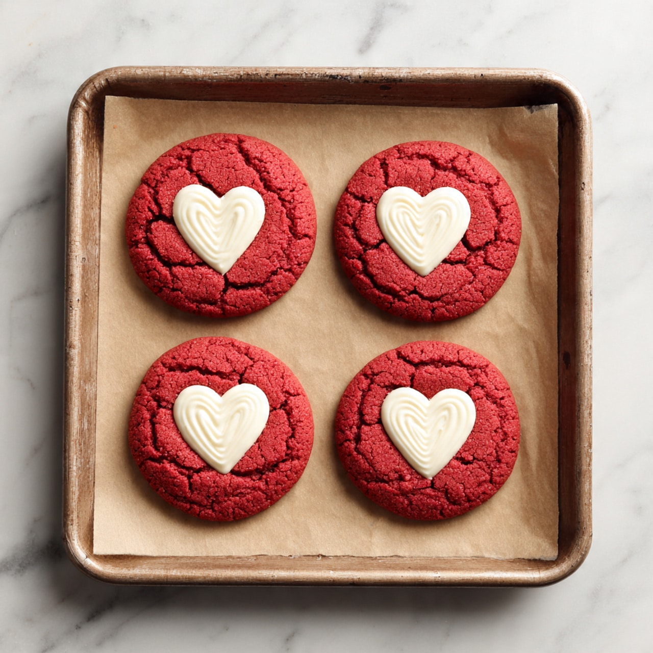 Four round red cookies with a soft, slightly cracked texture sit evenly spaced on brown parchment paper on a baking tray. Each cookie has a white heart-shaped topping in the center that looks smooth and firm. The tray is placed on a white marbled surface. photo taken with an iphone --ar 4:5 --v 7